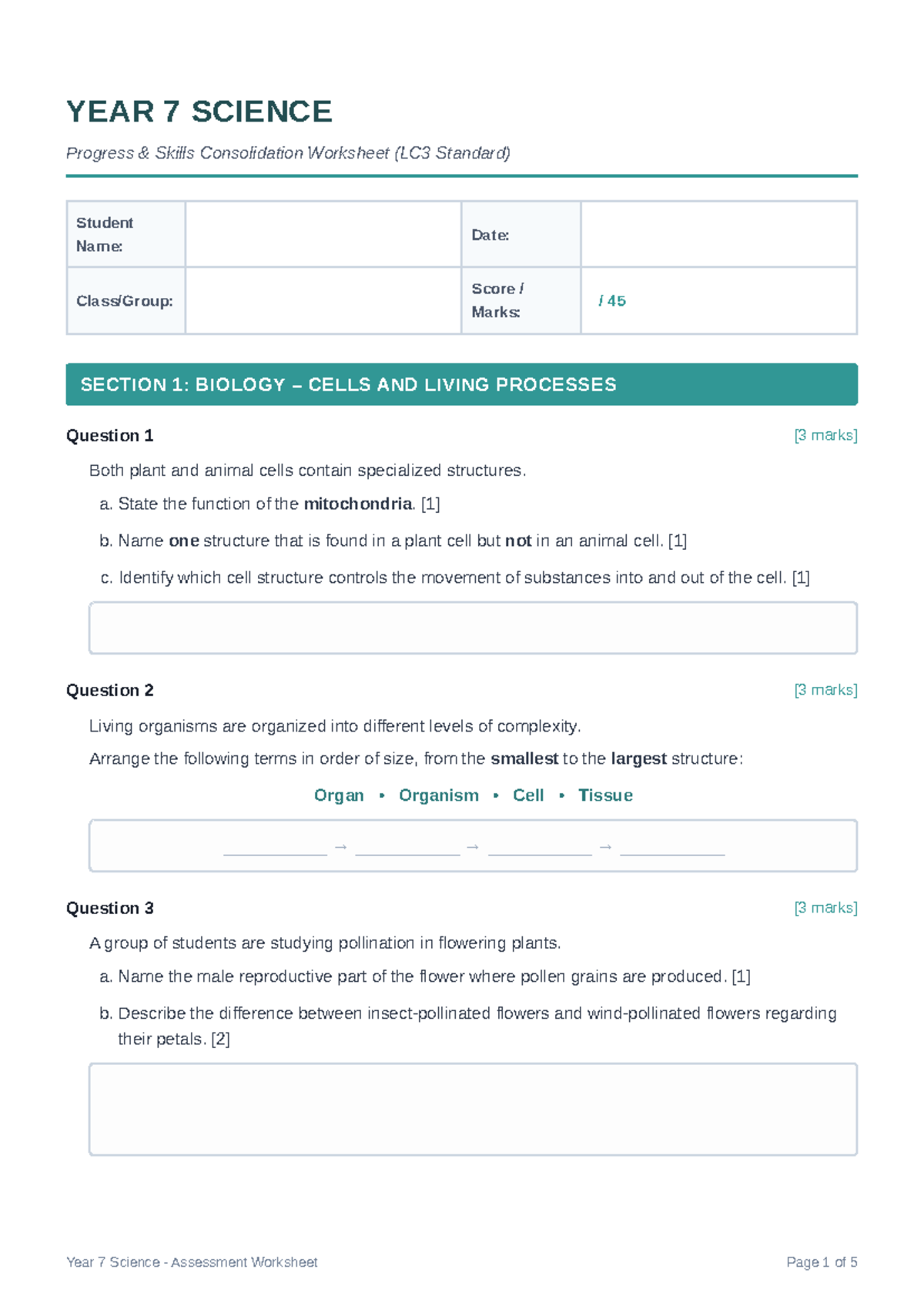 Year 7 Science LC3 Progress Skills Consolidation Worksheet - Studocu