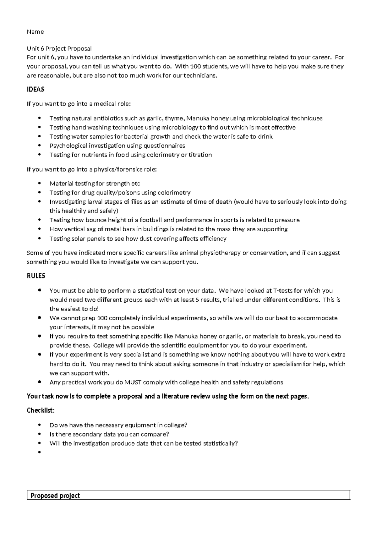 Unit 6 Project Proposal: Individual Investigations in Science - Studocu