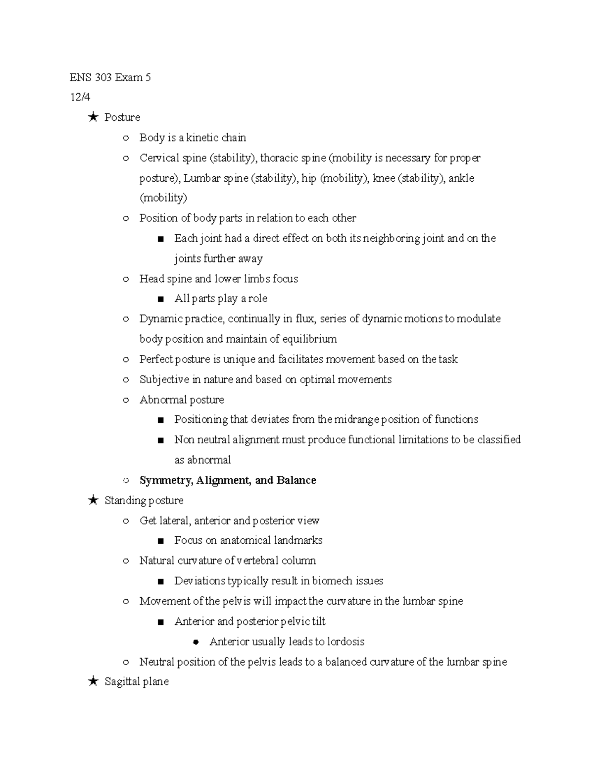ENS 303 Final Exam Notes: Gait Analysis & Postural Mechanics - Studocu