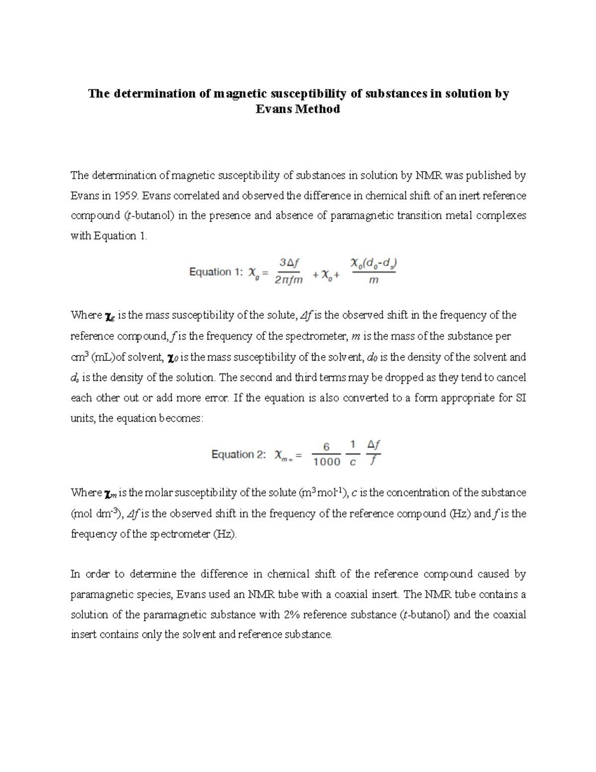 Evans NMR Method - NMR lab methos - The determination of magnetic ...