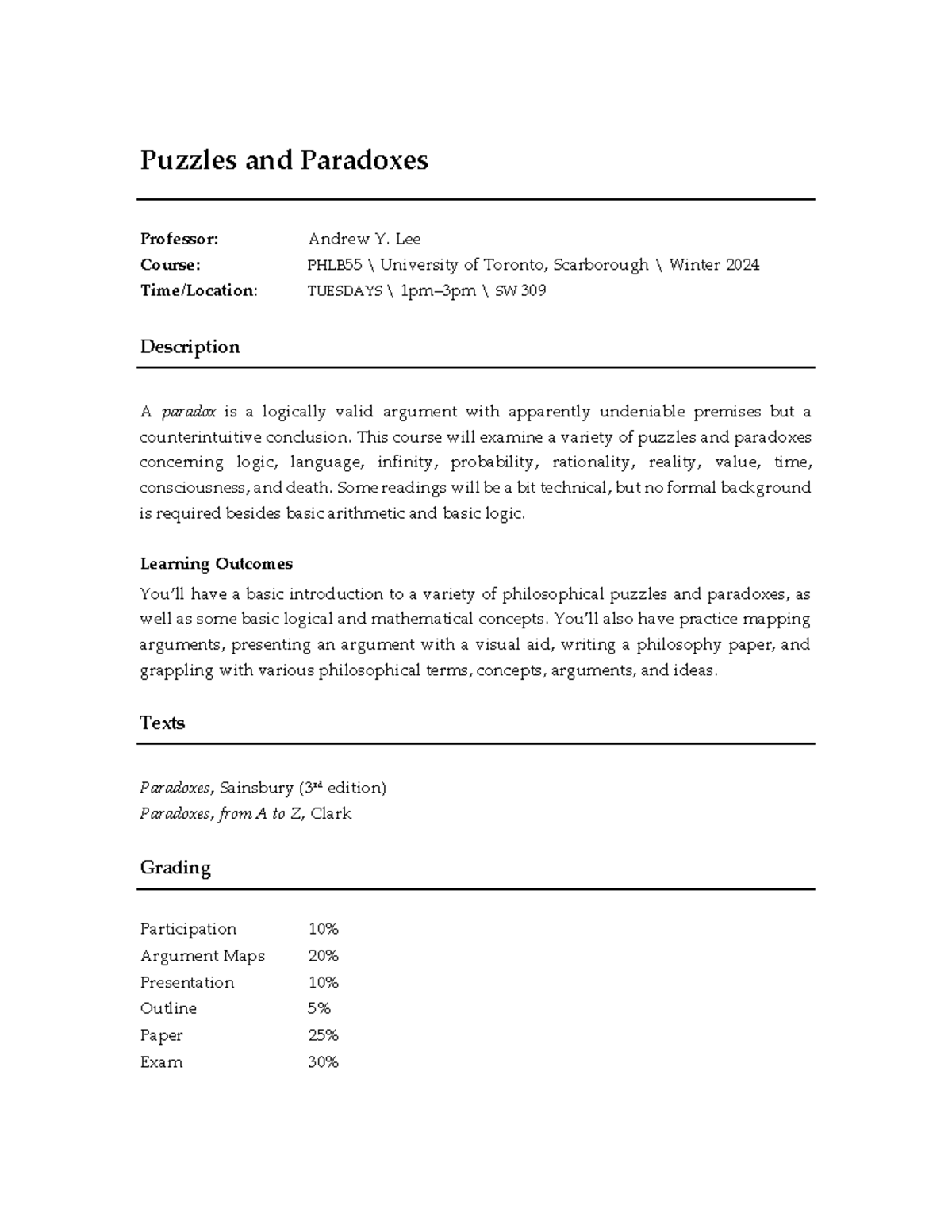 PHLB 55 Winter 2024: Puzzles and Paradoxes Syllabus and Course Details - Document Preview