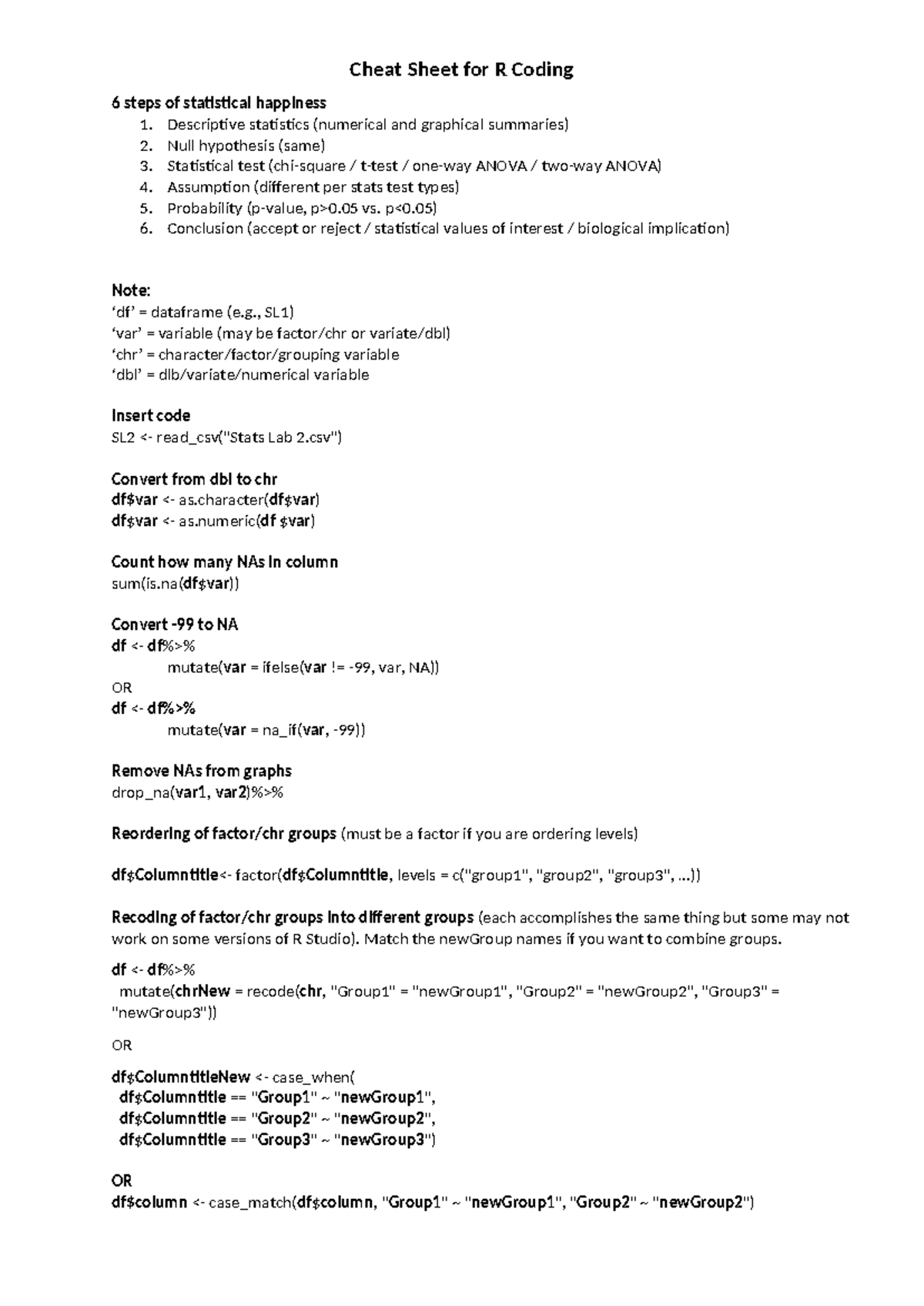 R Coding Cheat Sheet: 6 Steps to Statistical Happiness - Studocu
