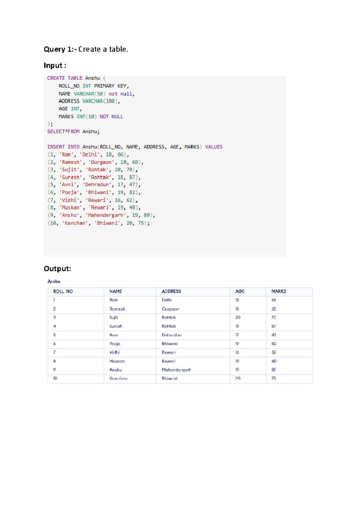 DBMS Project 3 Anshu - vnhg - Query 1:- Create a table. Input : Query 2 ...