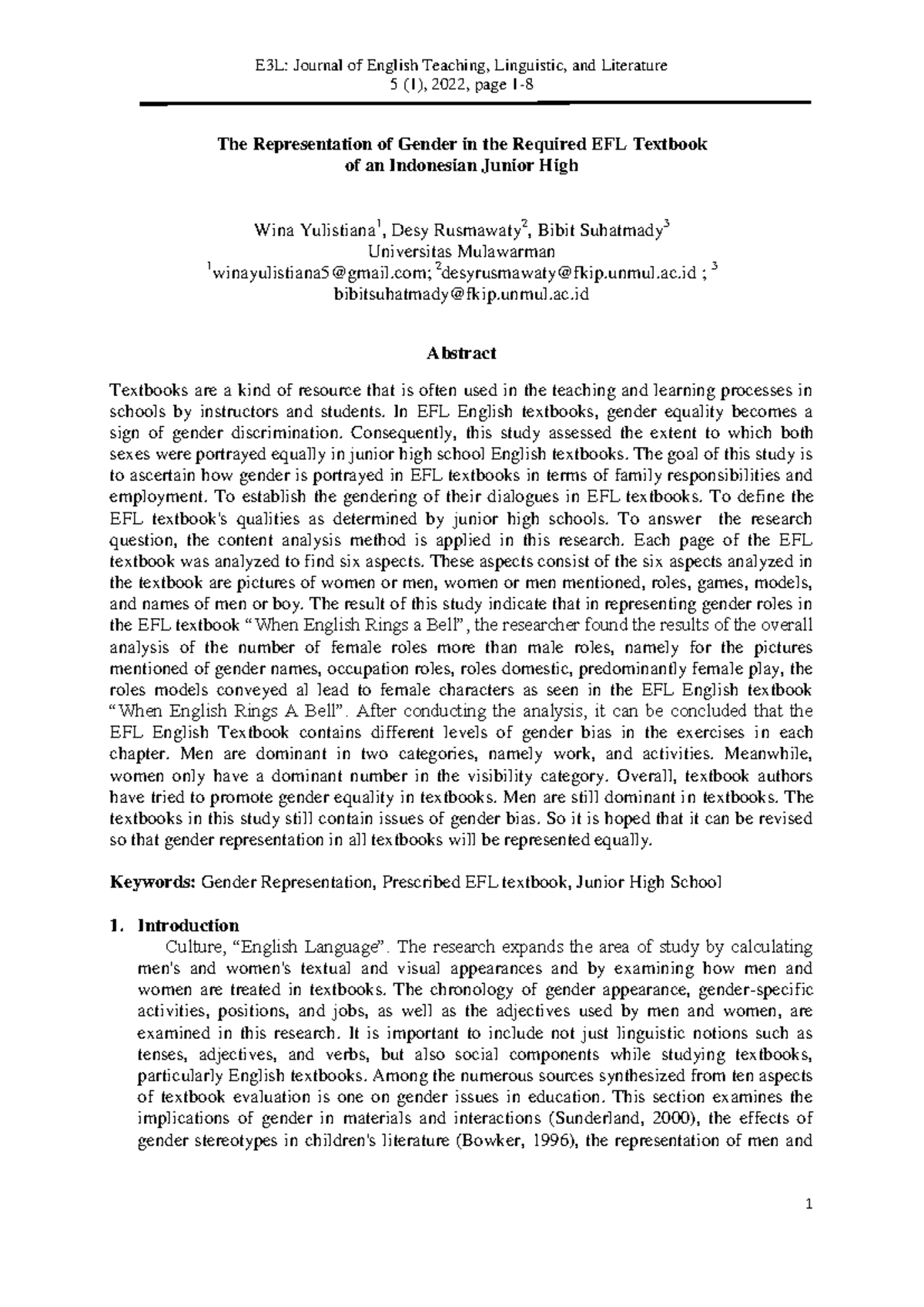 The Representation of Gender in the Required EFL Textbook of an ...