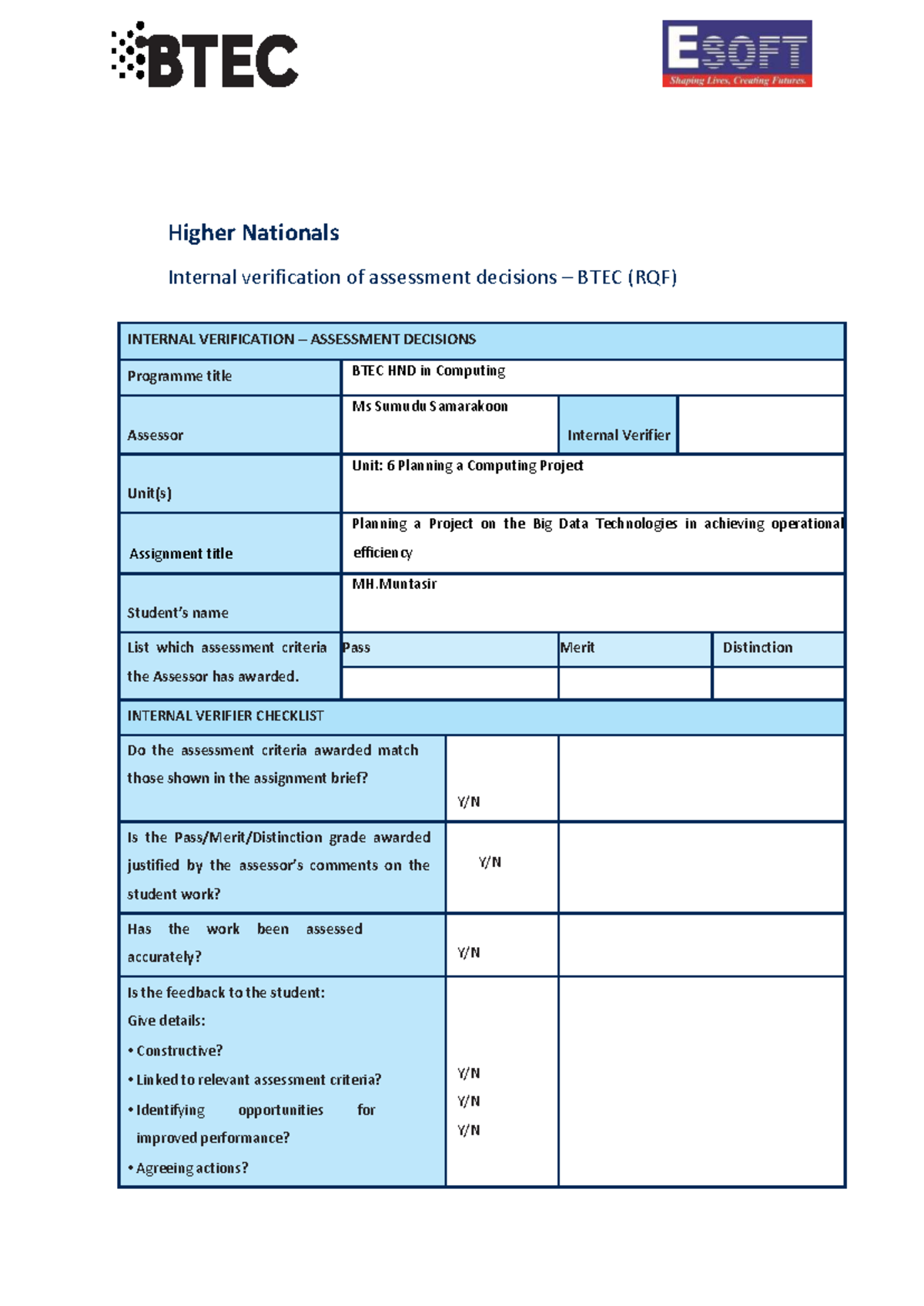 PCP E204831 Unit 06: Internal Verification of Assessment Decisions in ...