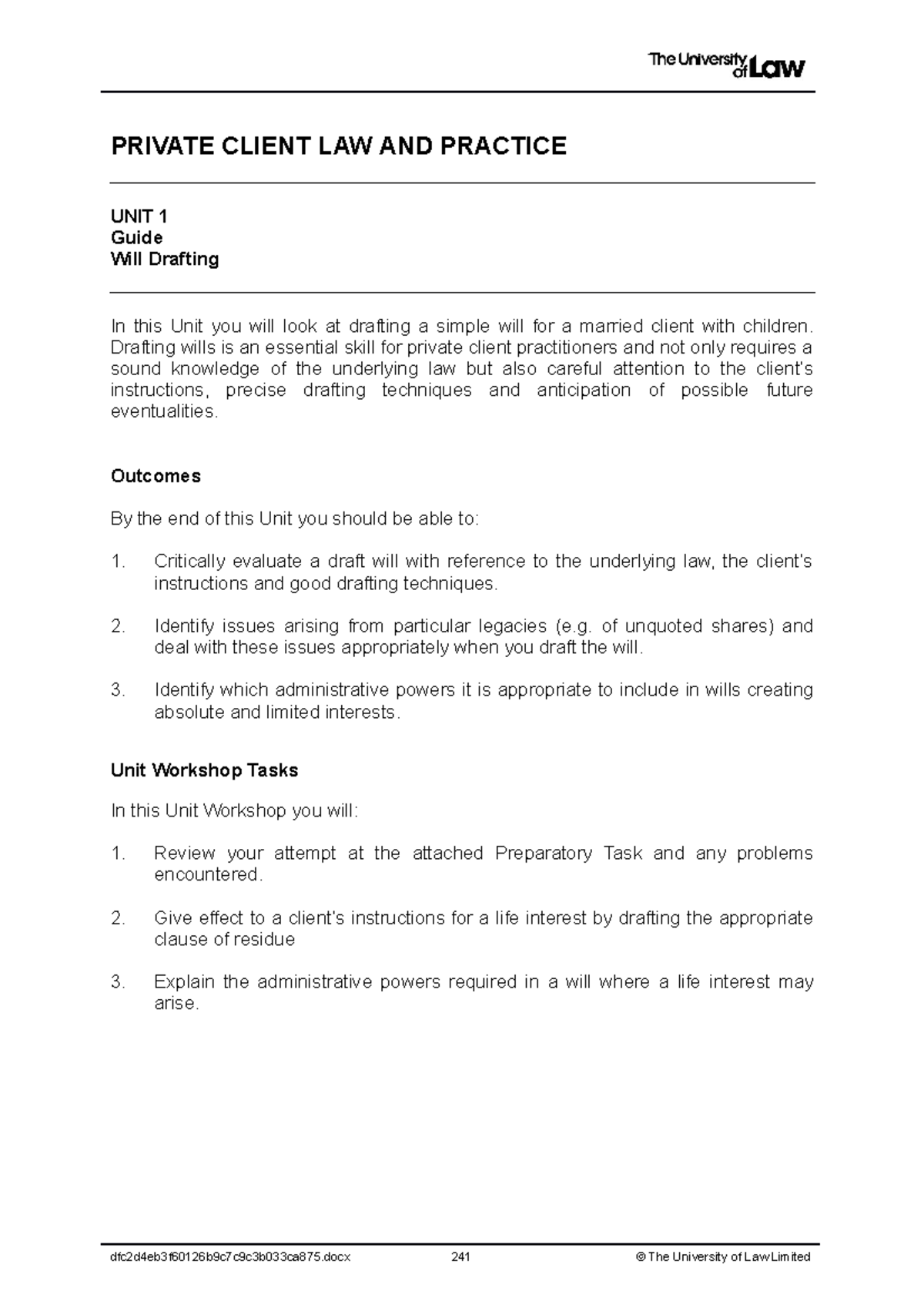 Private Client Law Workshop 1: Essential Will Drafting Skills - Studocu