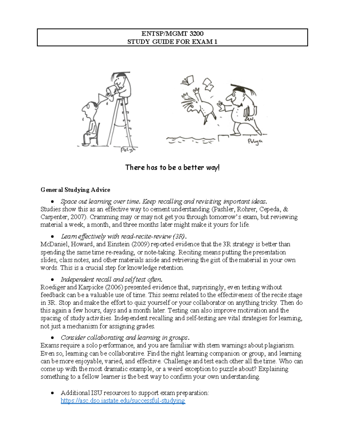 ENTSP/MGMT 3200 Study Guide for Exam 1: Effective Study Strategies ...