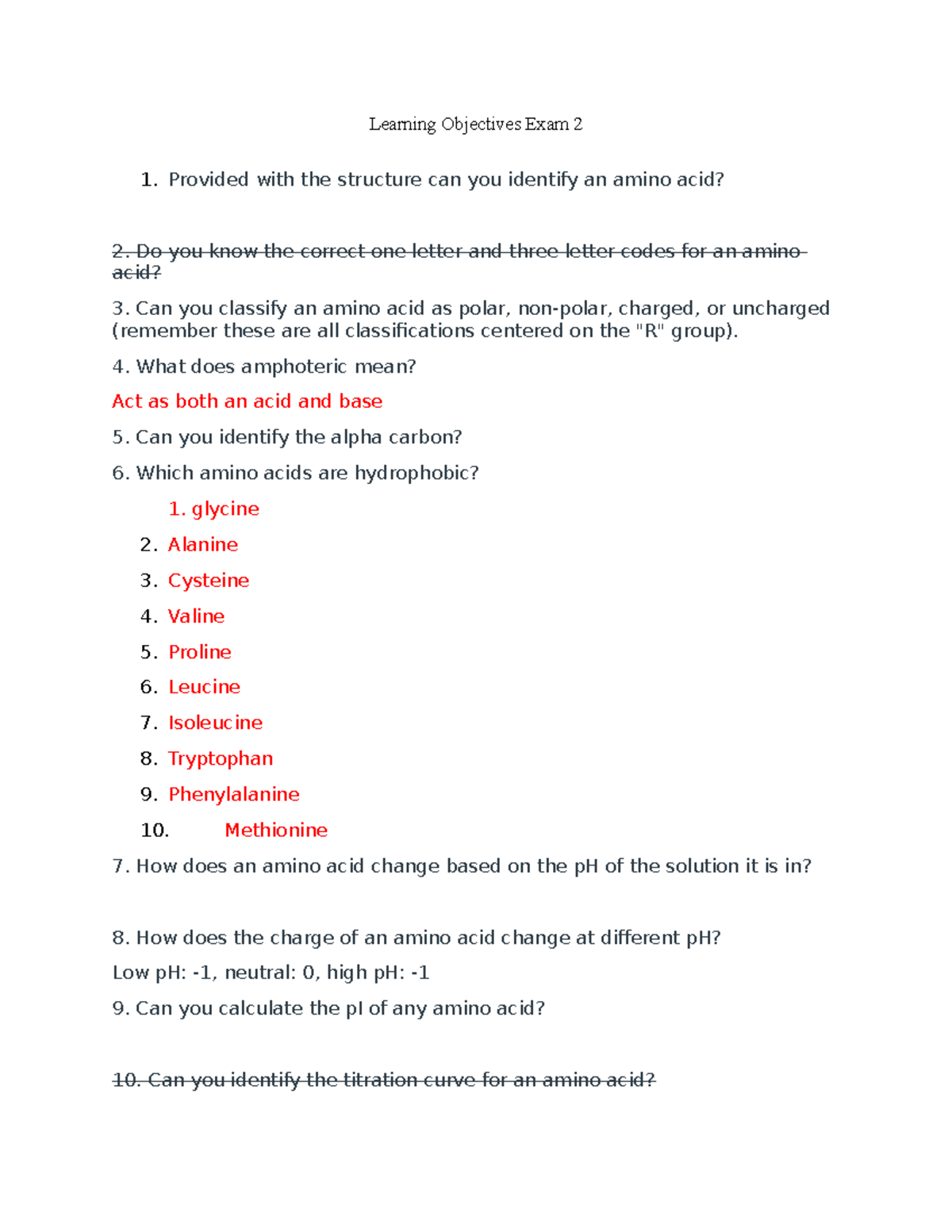 CHEM 2350 Learning Objectives for Exam 2: Amino Acids & Protein ...
