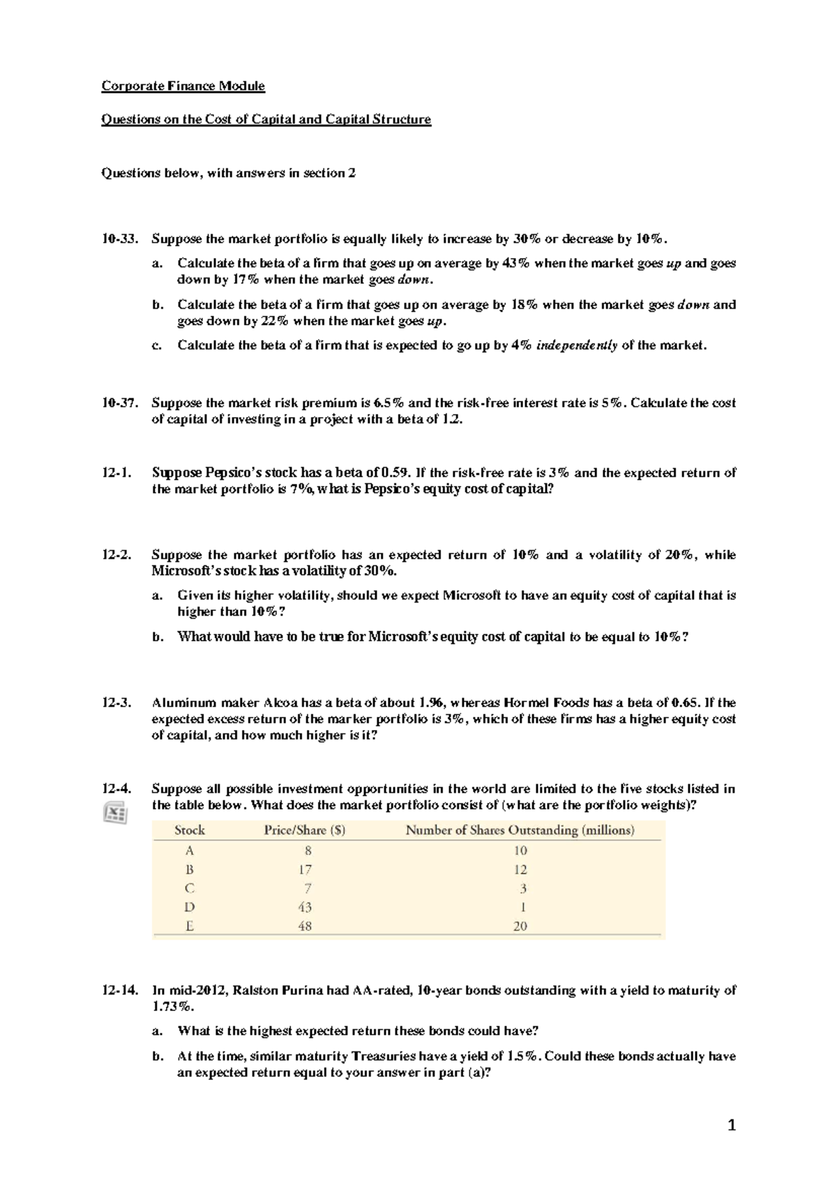 Problem Set 4 - Capital Structure & Cost of Capital (FIN 301) - Studocu