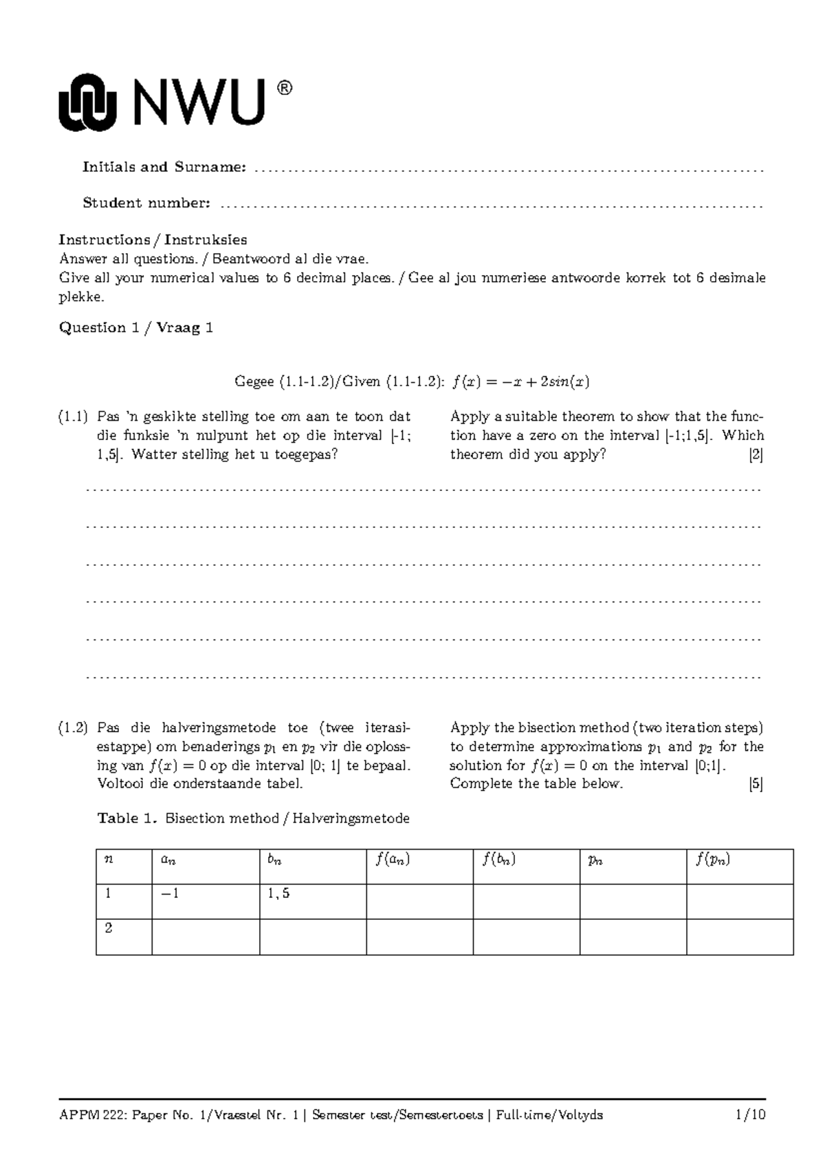 APPM222 Final Semester Test: Numerical Methods & Approximations - Studocu