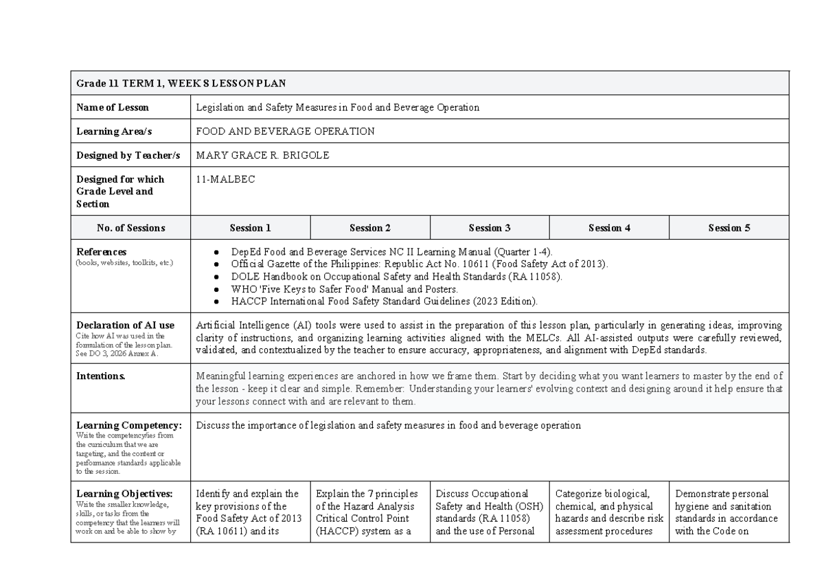 Grade 11 FOOD AND BEVERAGE OPERATION Term 1 Week 8 Lesson Plan - Studocu