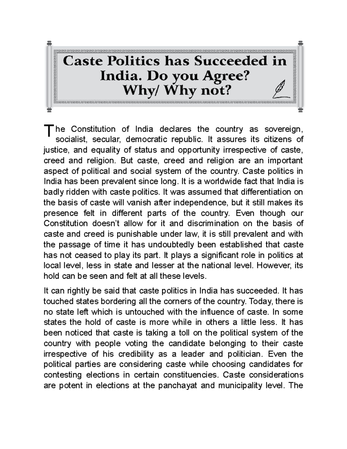 Essay - The Persistence and Success of Caste Politics in India - Studocu