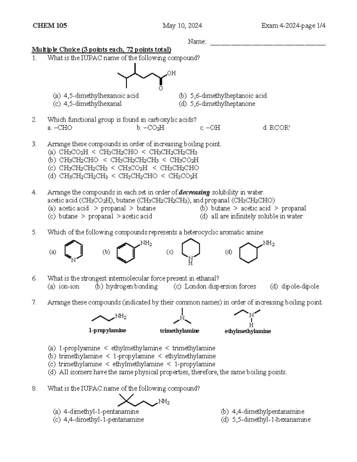 CHEM 105 Exam 4 - 2024: Comprehensive MCQ Review Guide - Studocu