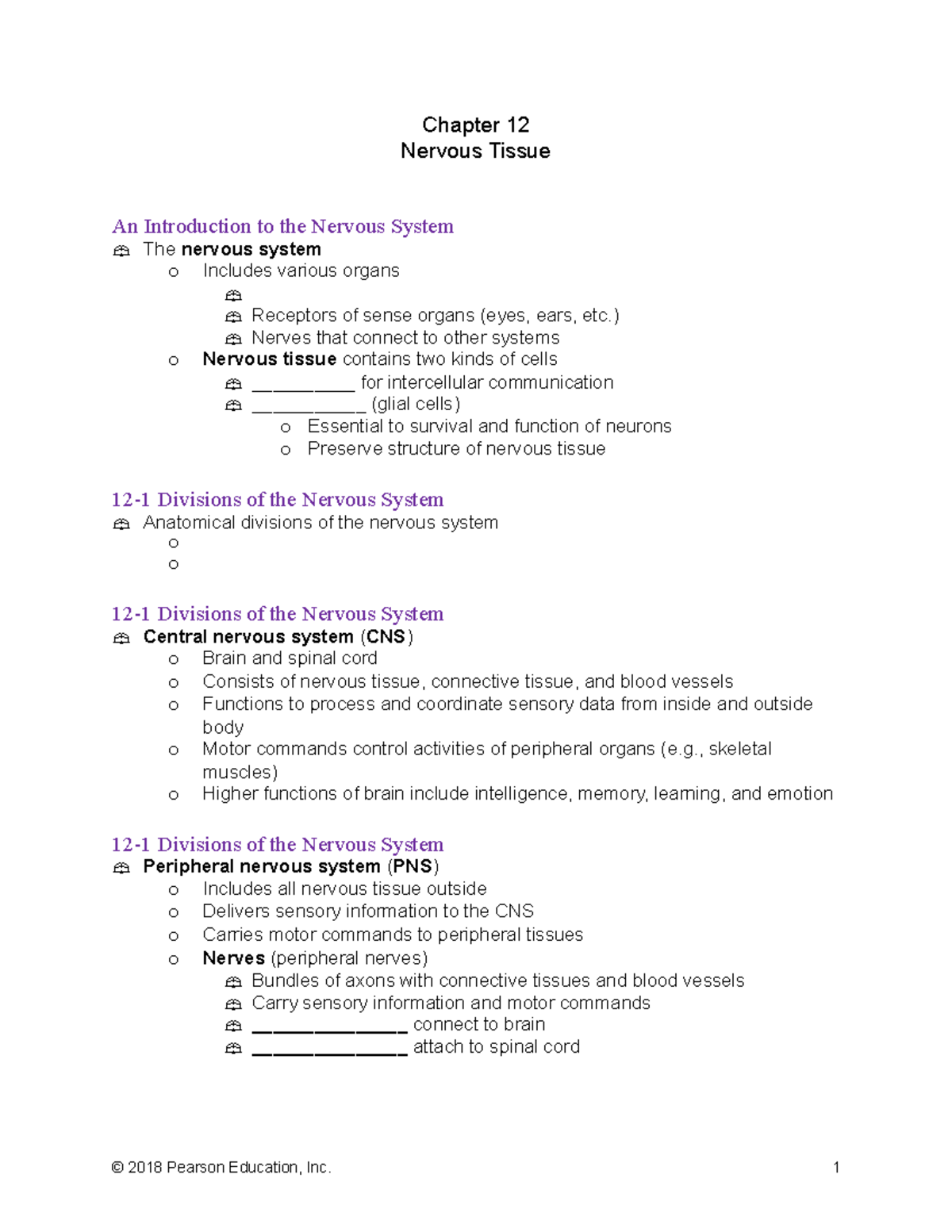 Chapter 12 Outline - Lecture notes 23 - Chapter 12 Nervous Tissue An ...