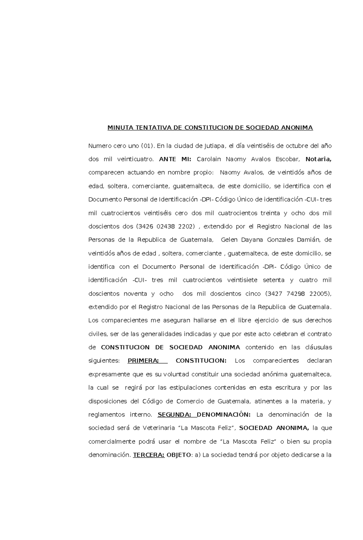 Minuta de Constitución de Sociedad Anónima - Veterinaria Mascota - Document Preview