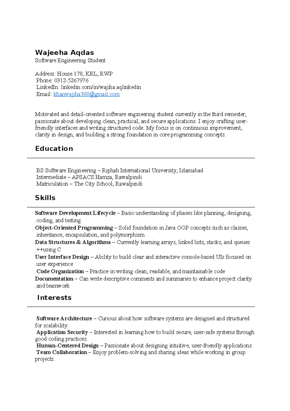 CV - Wajeeha Aqdas - Software Engineering Student Profile - Studocu