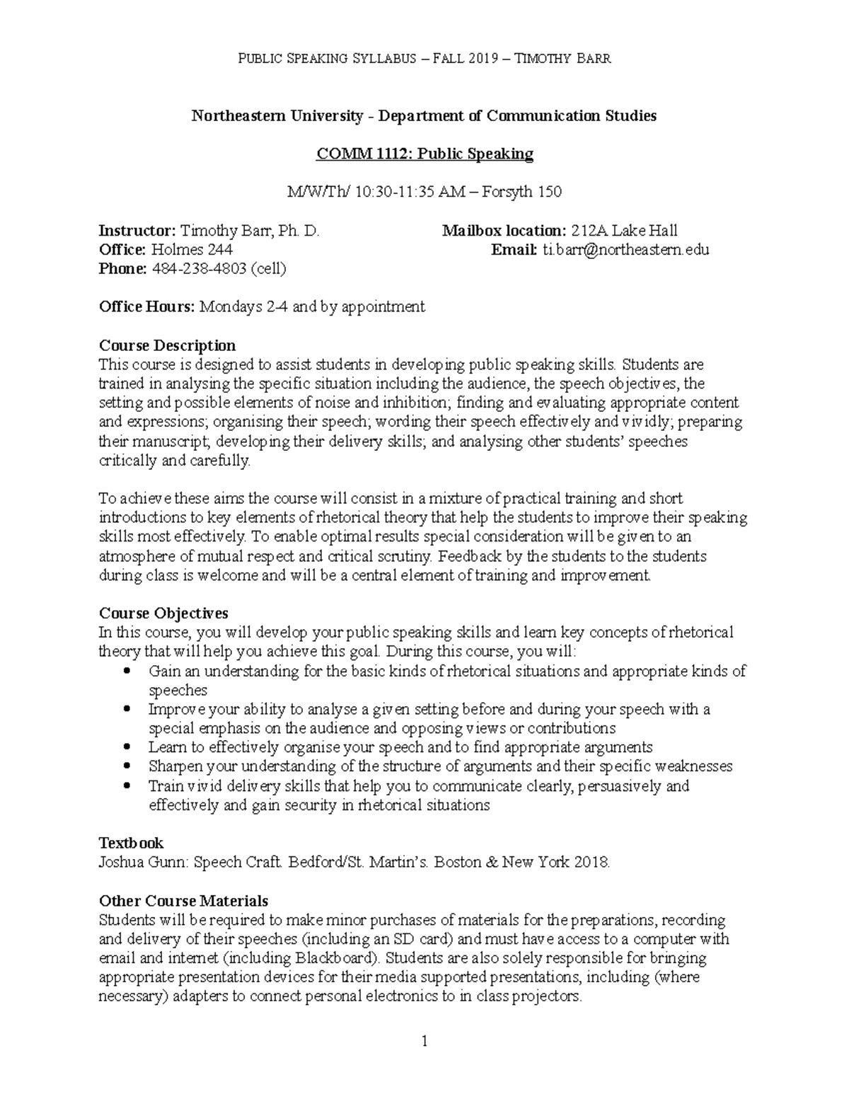COMM 1112: Public Speaking Syllabus - Fall 2019 Overview - Studocu