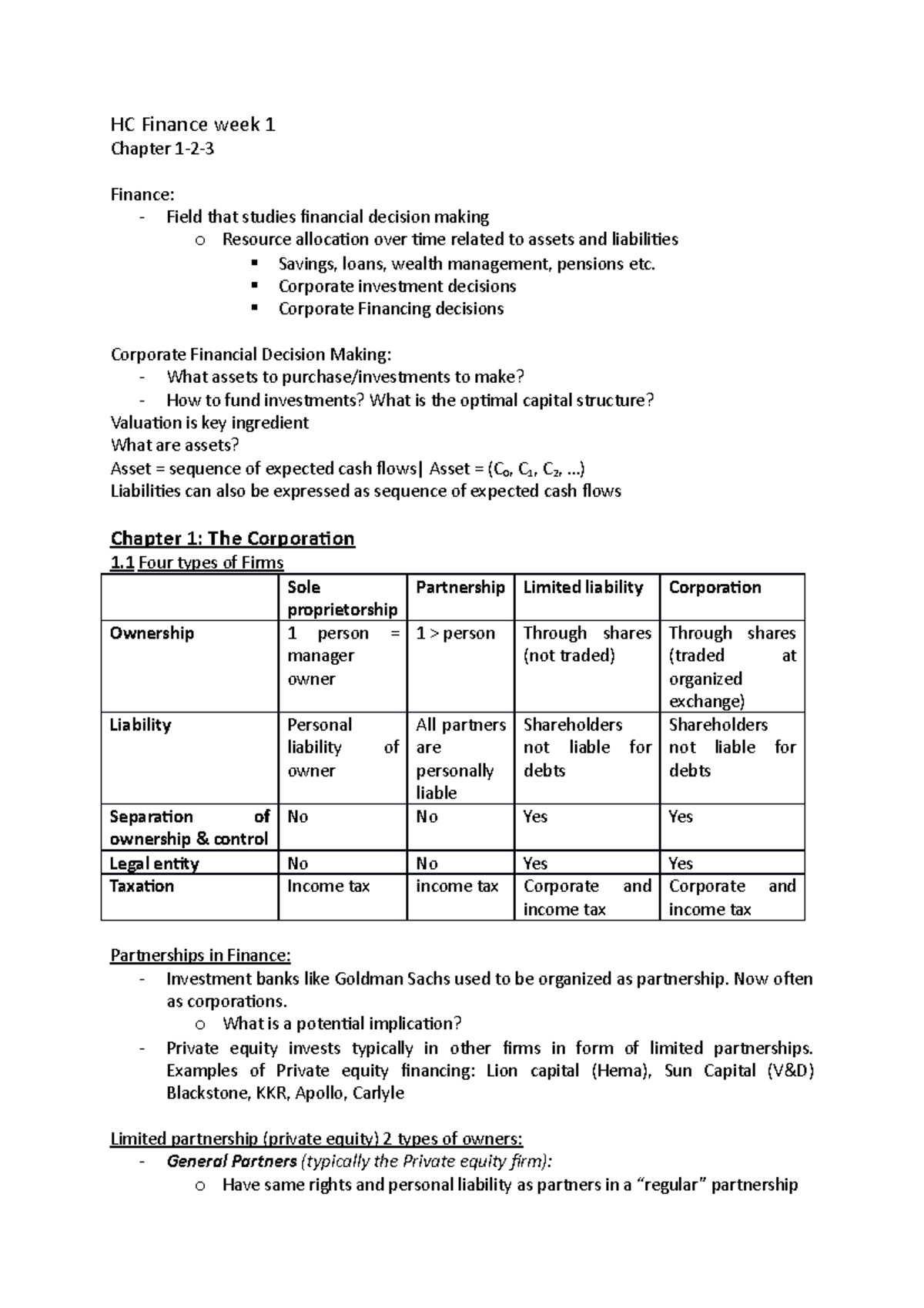 HC Finance Week 1 - Lecture 1 Notes: Key Concepts and Decision-Making ...