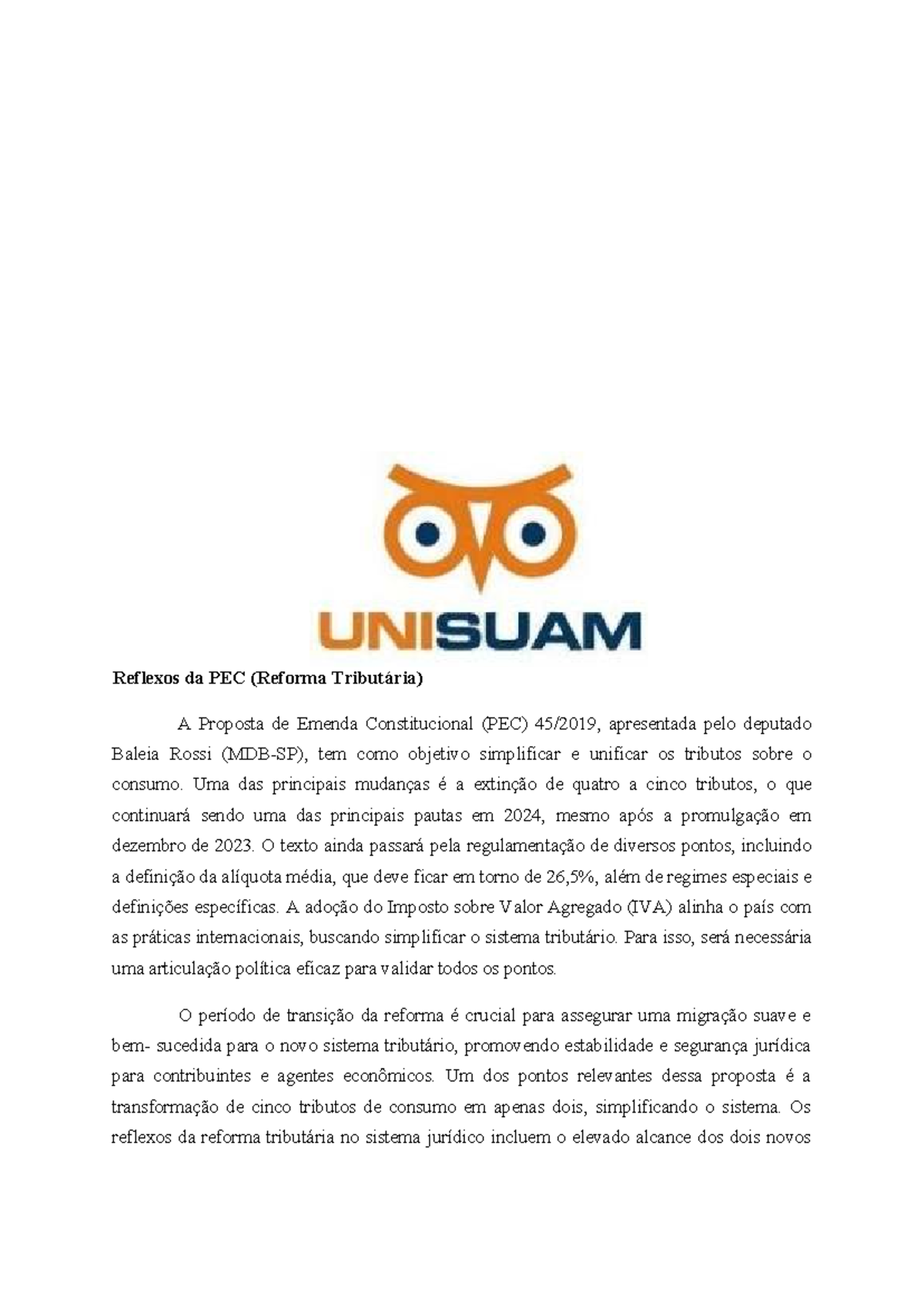 Reflexos da PEC 45/2023: Impactos da Reforma Tributária no Brasil - Studocu