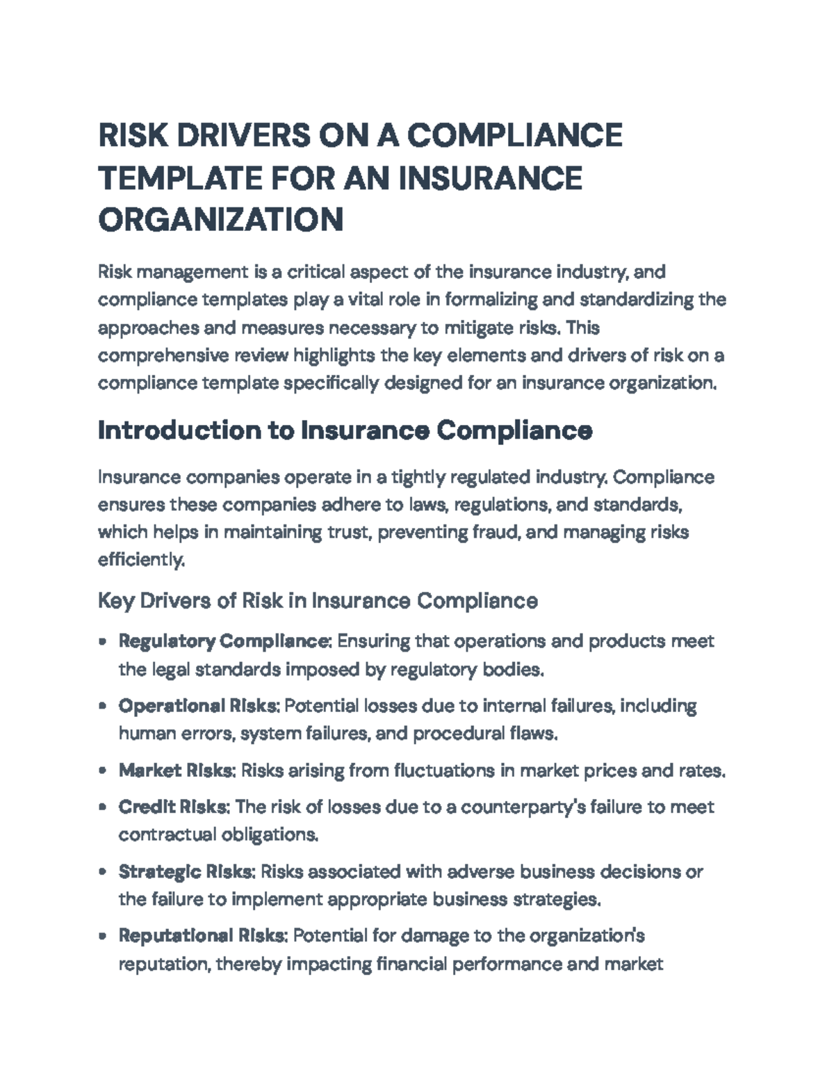 Risk Drivers and Compliance Framework for Insurance Organizations ...