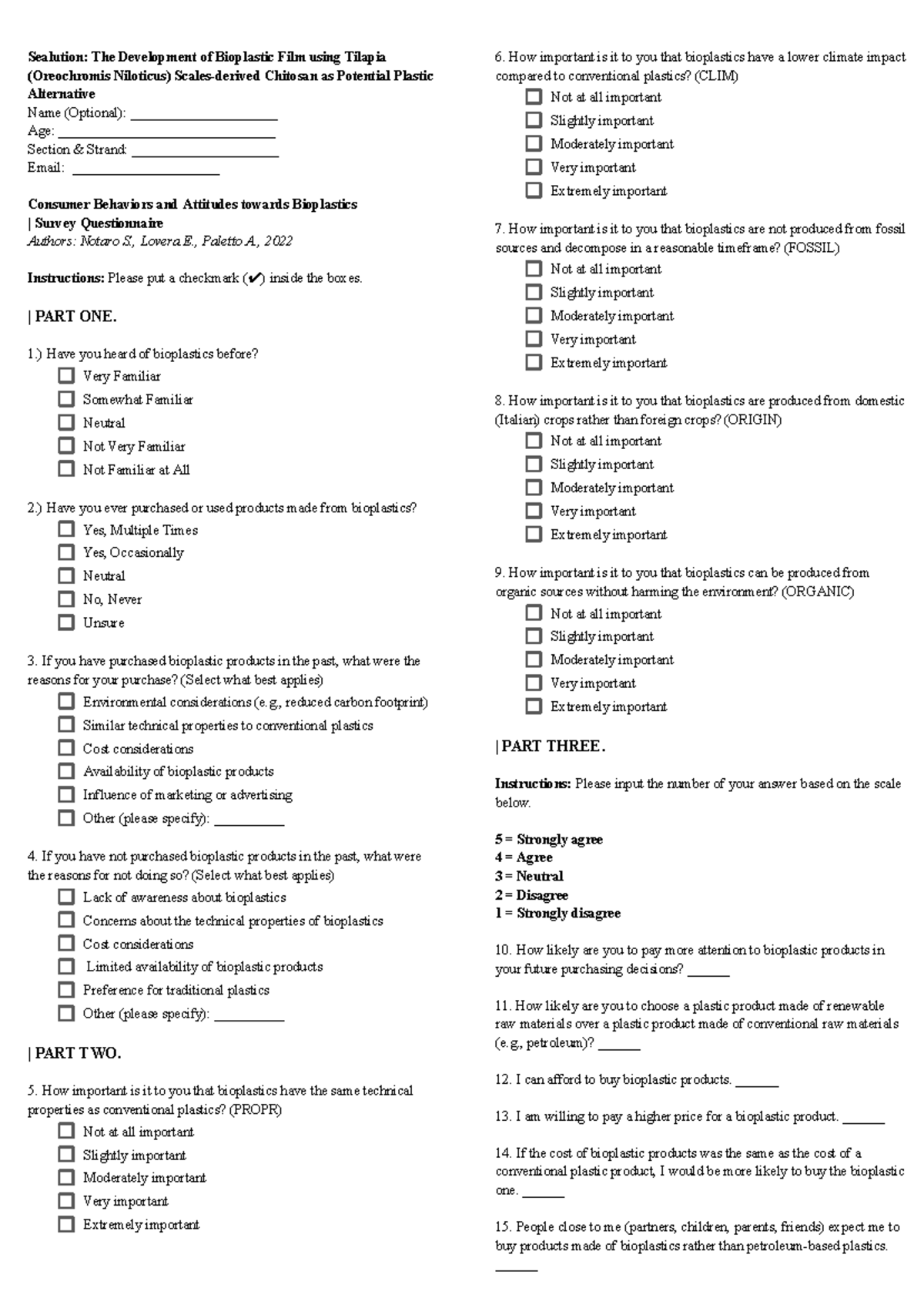 Survey Questionnaire on Consumer Attitudes Towards Bioplastics - Studocu