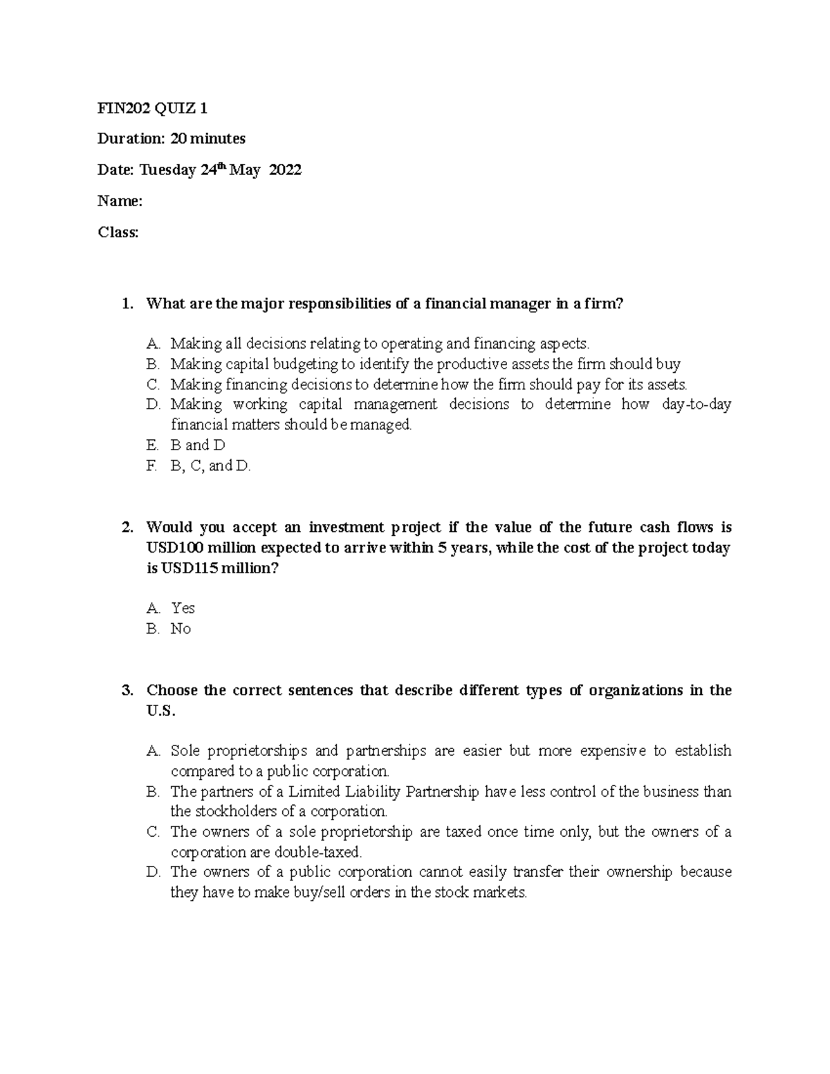 FIN202 Quiz 1: Key Questions and Concepts for Exam Preparation - Studocu