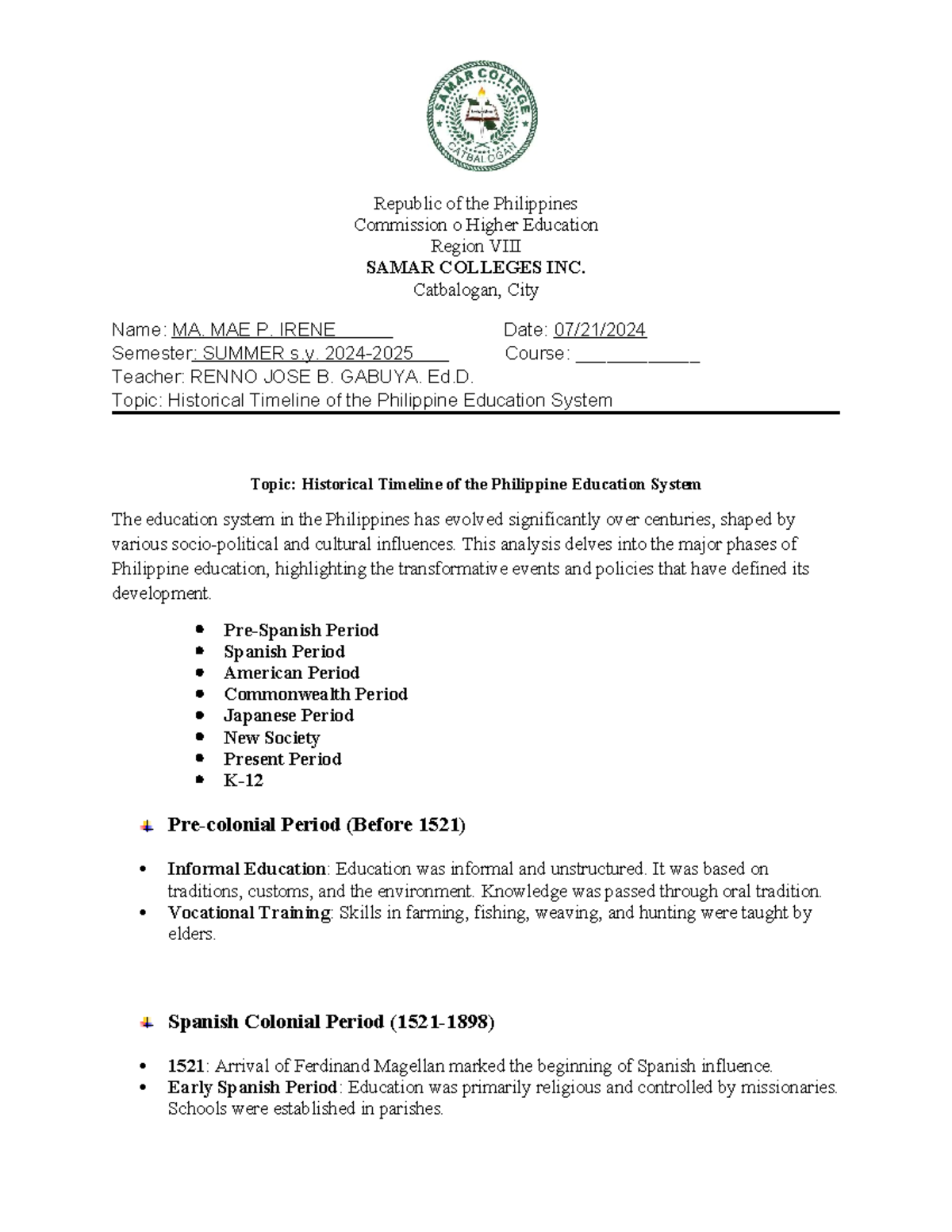 Historical Timeline OF Philippine Education - Republic of the ...