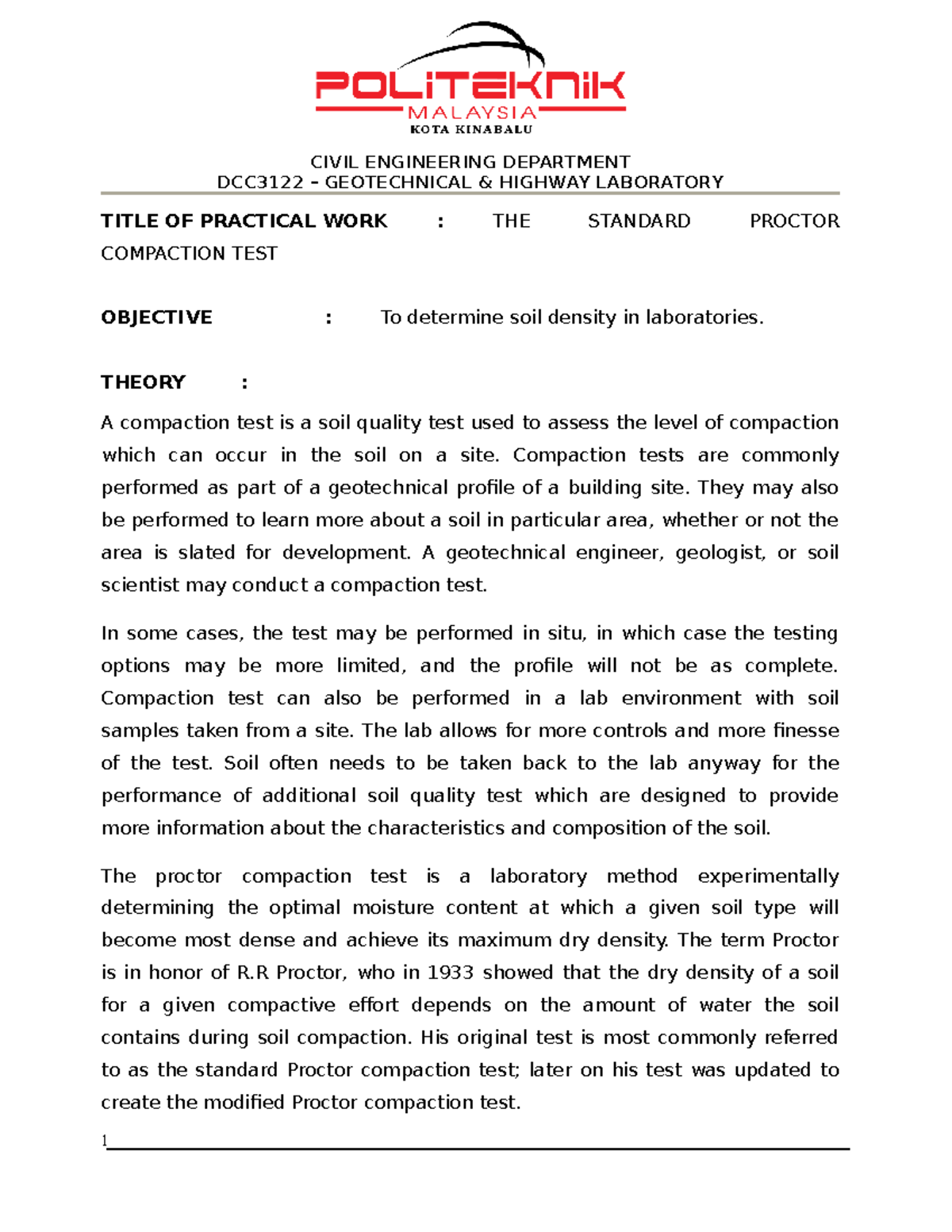 DCC3122 Standard Proctor Compaction Test - LAB Report - Studocu