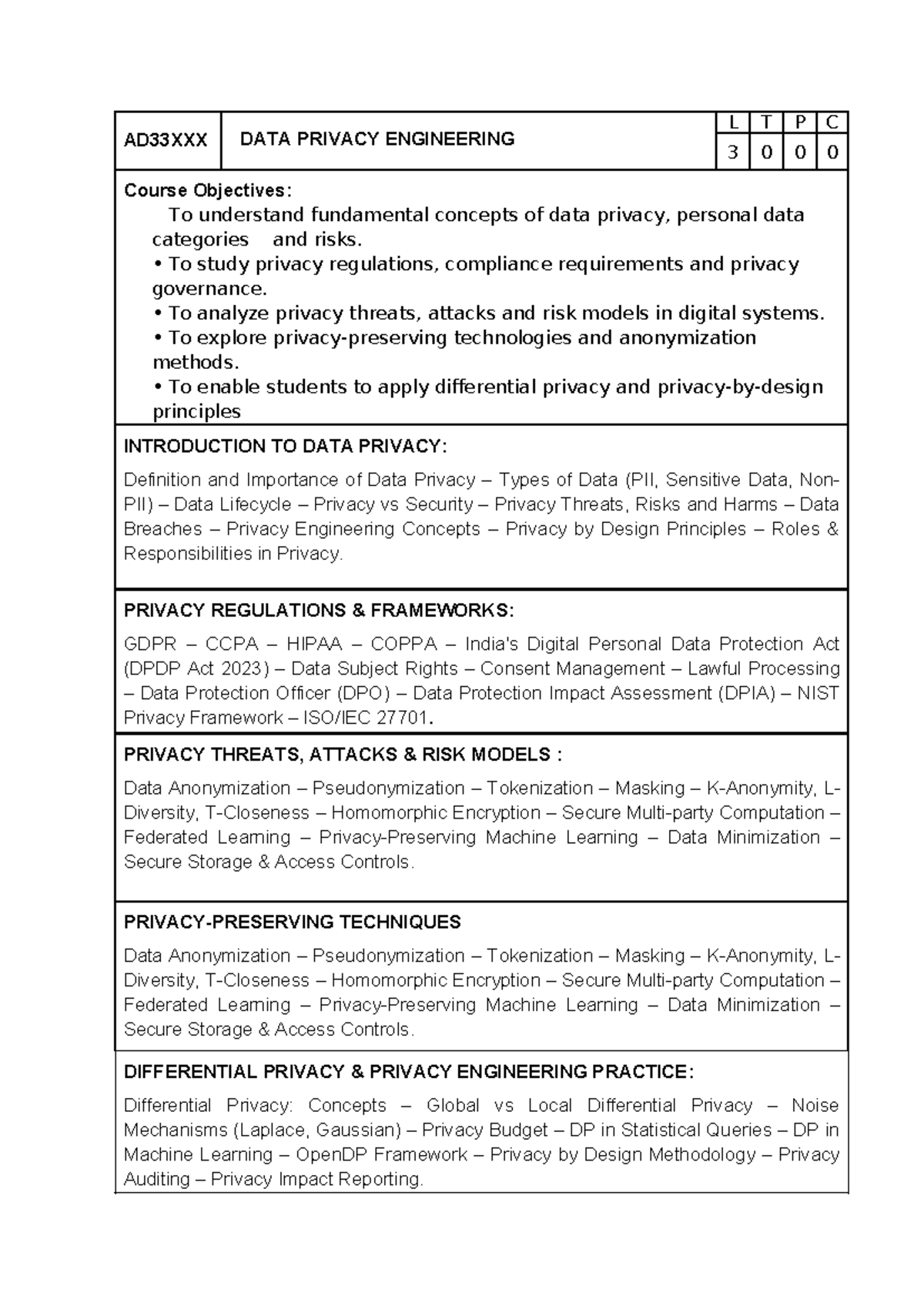 DATA PRIVACY ENGINEERING L T P C 3 0 0 0 - Course Overview and Key ...