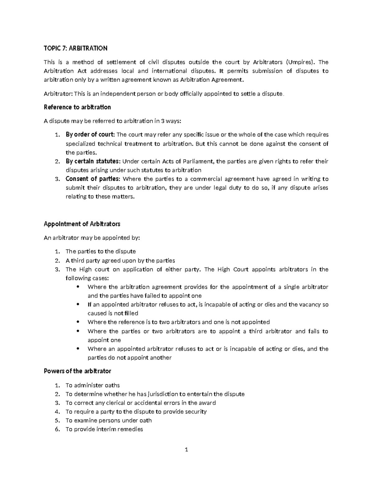 Arbitration - Lecture Notes (Course Code: TOPIC 7) - Studocu