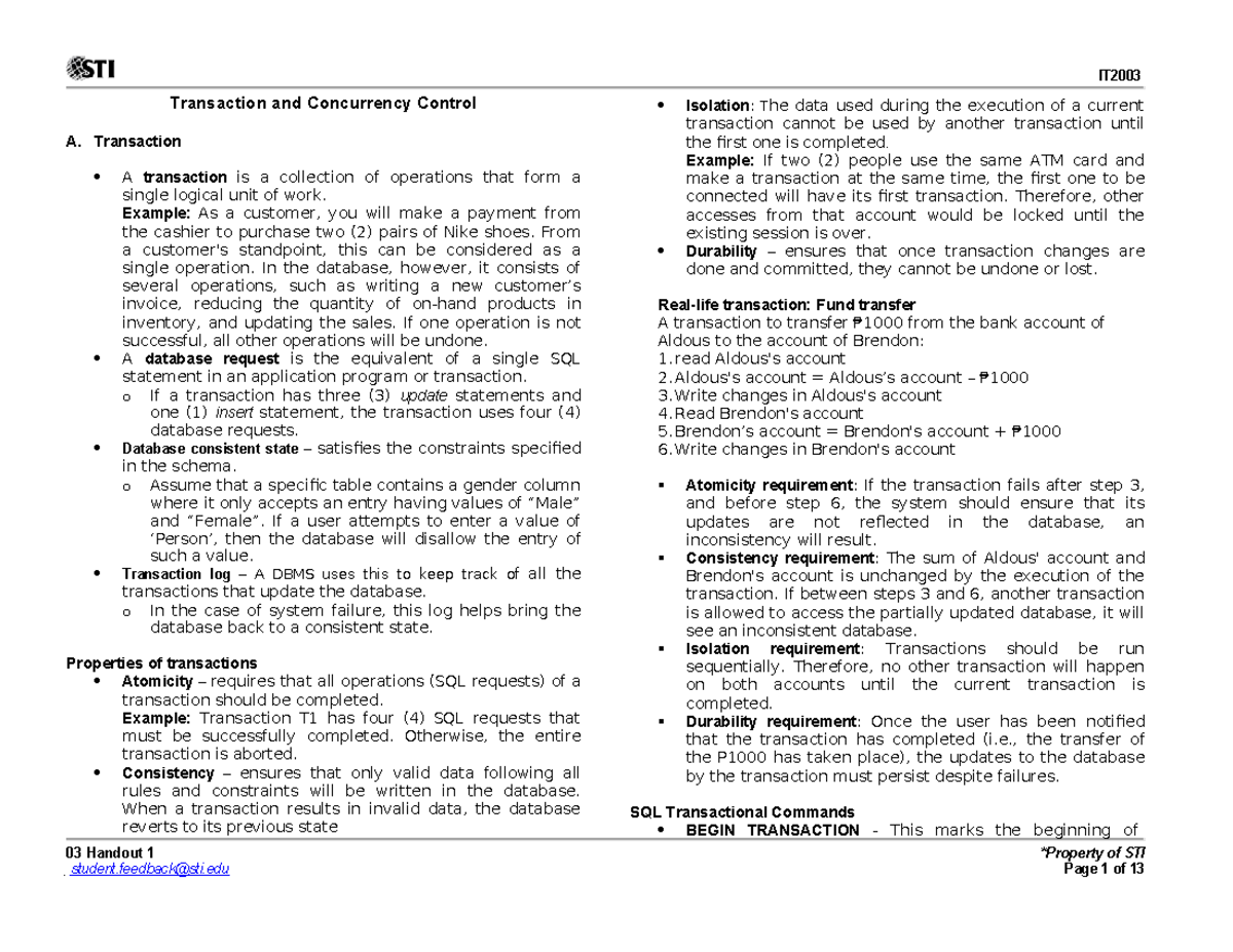 IT2003 Transaction and Concurrency Control Notes - Studocu