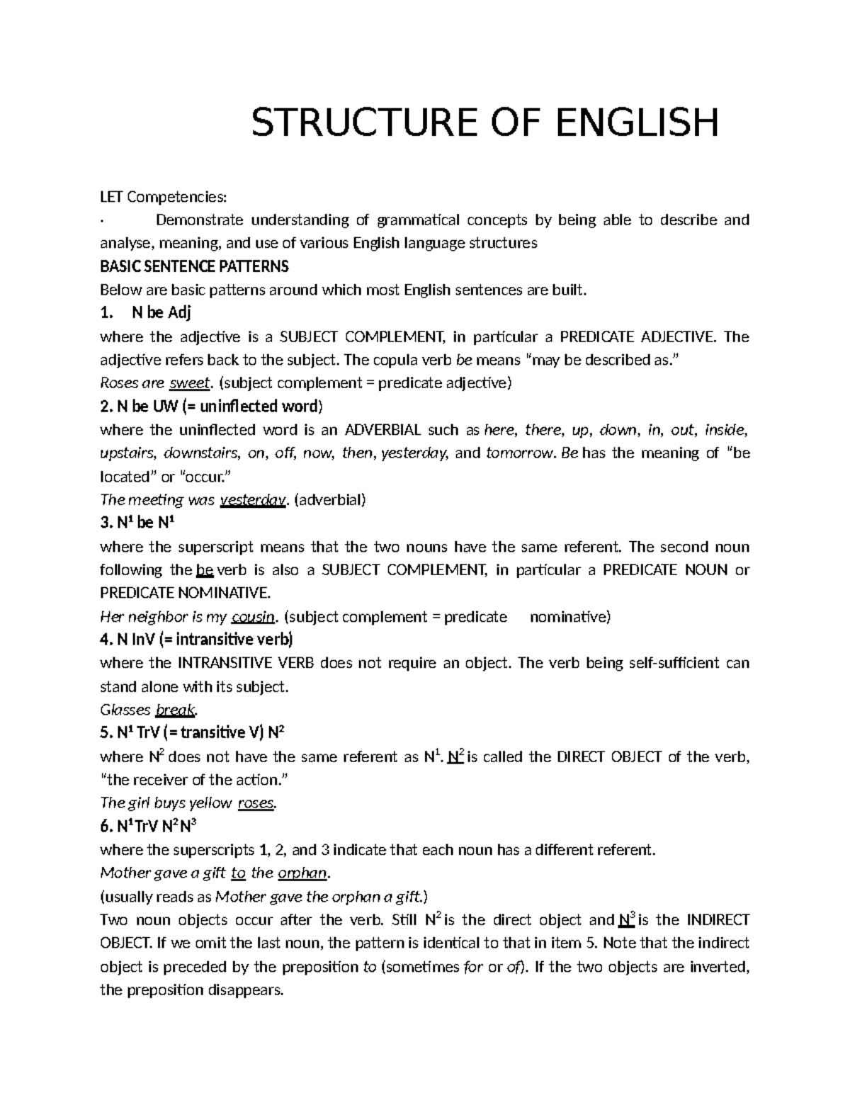 Structure of English - LET Summary of Basic Sentence Patterns and ...