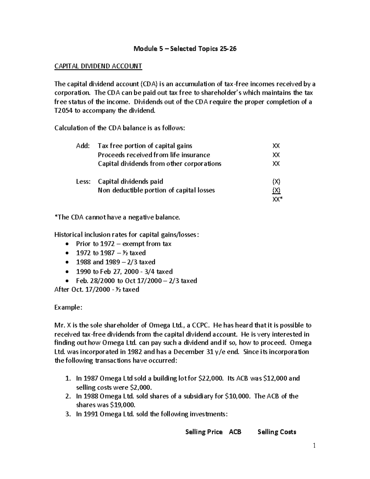 Module 5: Capital Dividend Account Overview and Calculations - Studocu