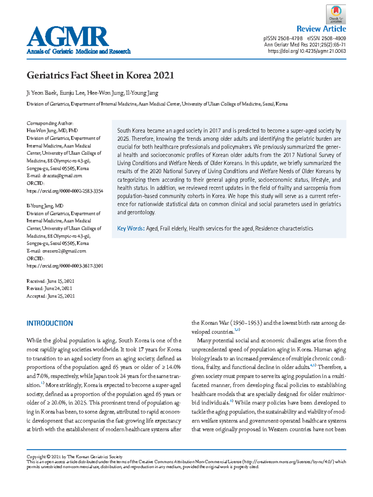 AGMR 2021: Geriatrics Fact Sheet on Aging Trends in Korea - Studocu
