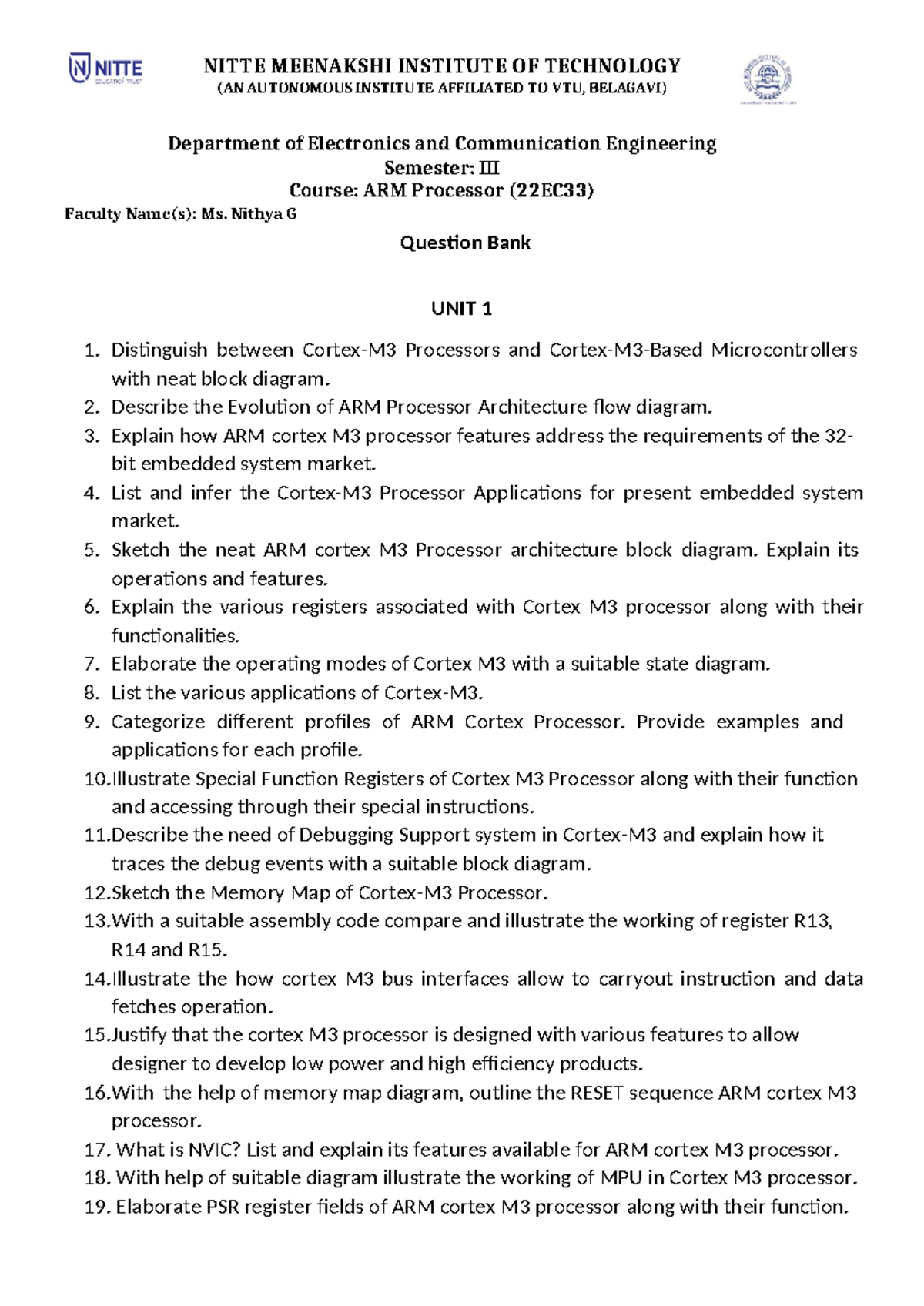 Question Bank for ARM Processor (22EC33) - Need Answers - Studocu