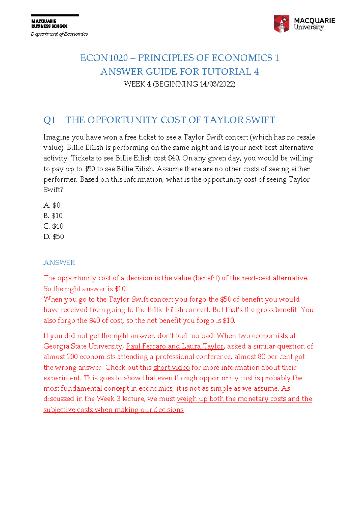 ECON1020 S1 2022 Tutorial 04 - Comprehensive Answer Guide - Studocu