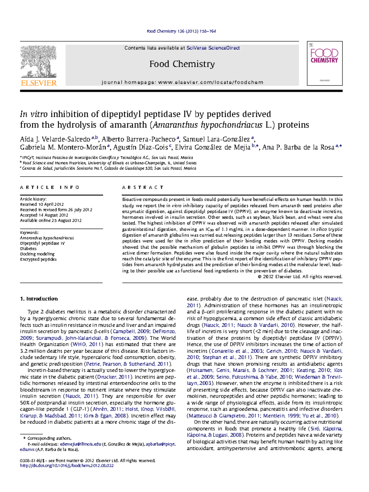 Inhibition of Dipeptidyl Peptidase IV by Amaranth Peptides: A Study ...