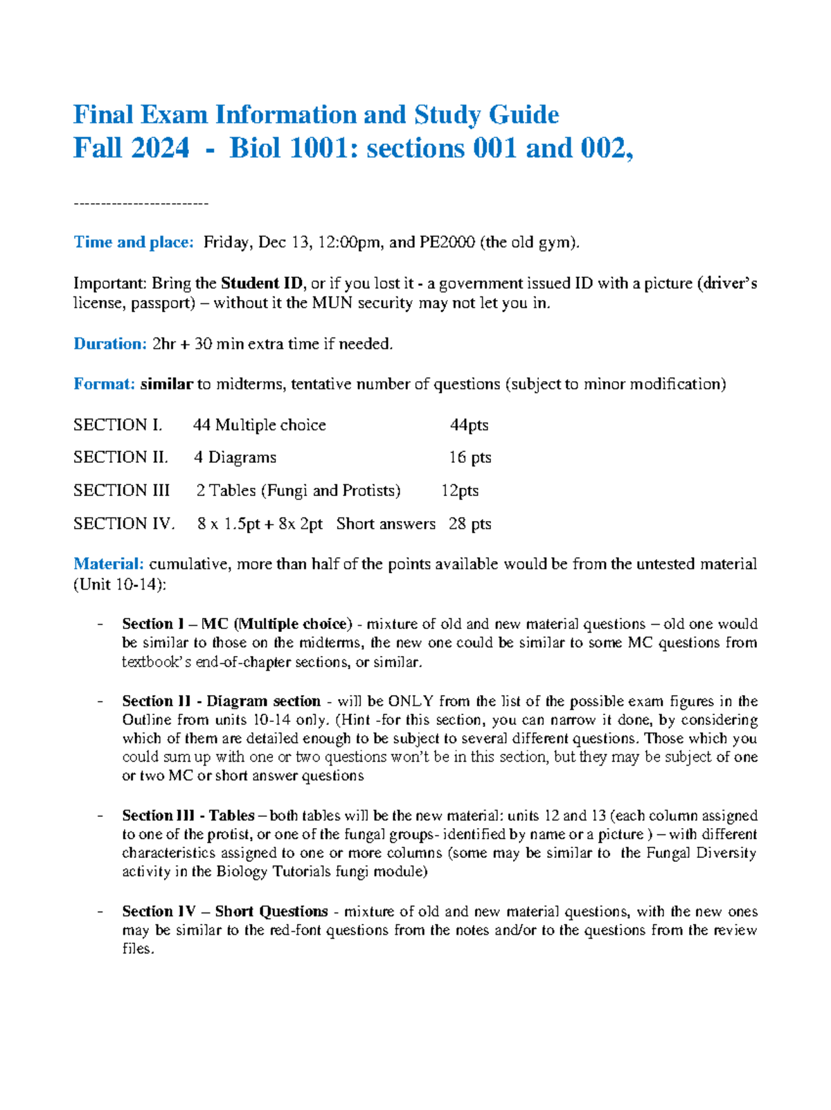 B1001 info&study guide Final Exam - Final Exam Information and Study ...
