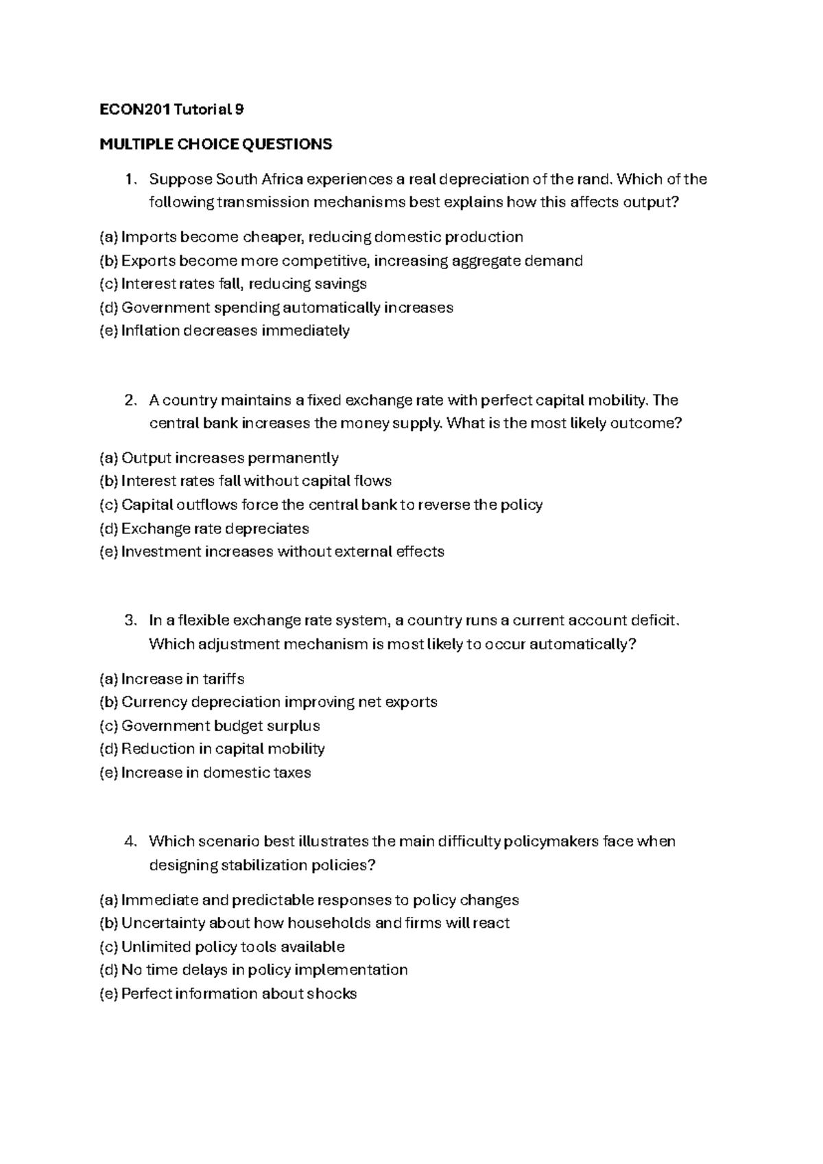 ECON201 Tutorial 9: MCQs & Policy Analysis on Exchange Rates - Studocu