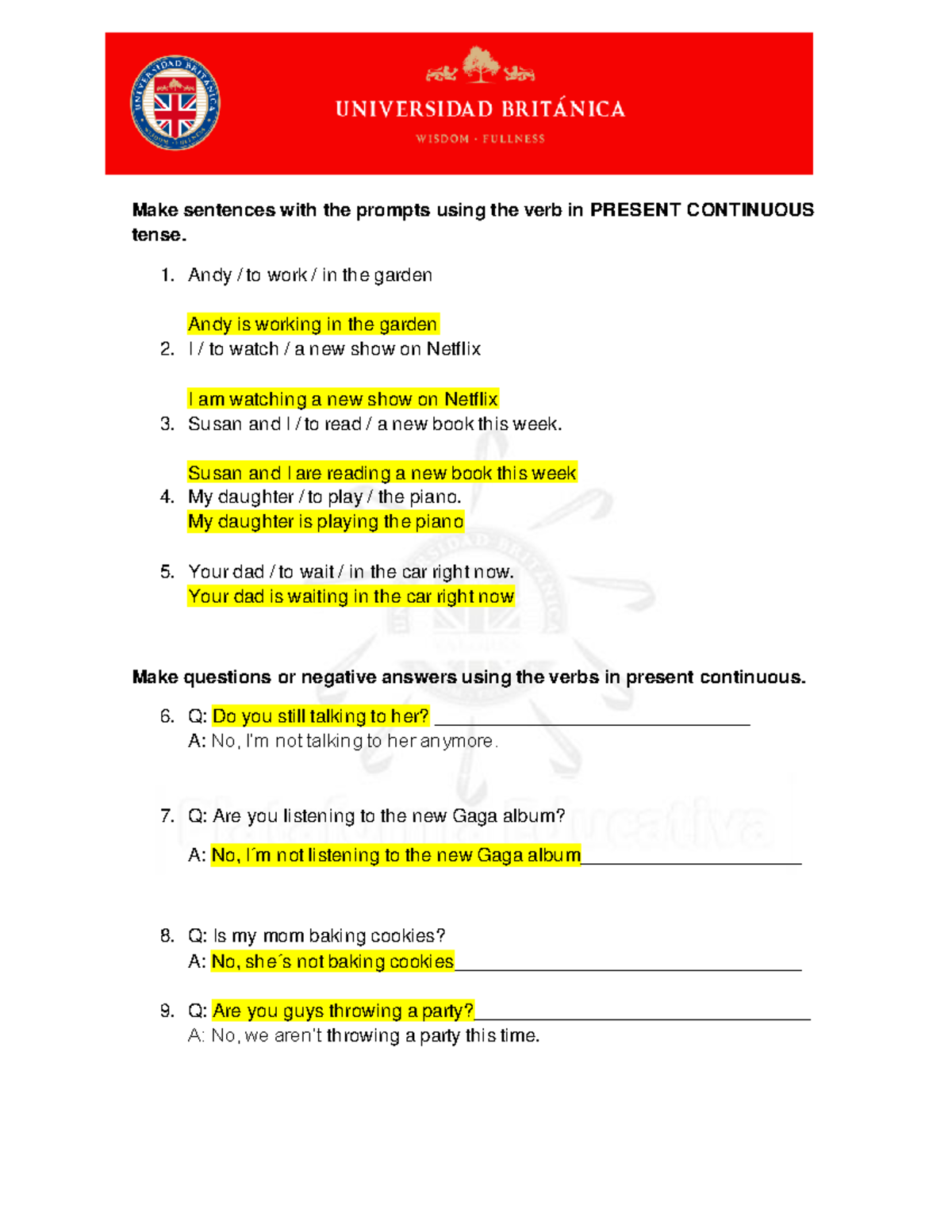 1. Present Continuous Tense Exercises for English Class - Studocu