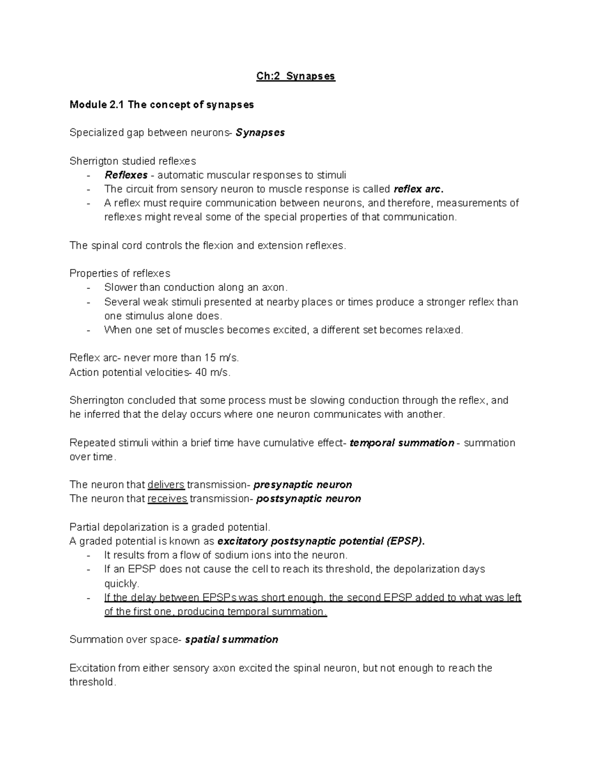 Bio250 notes - Ch:2 Synapses Module 2 The concept of synapses ...