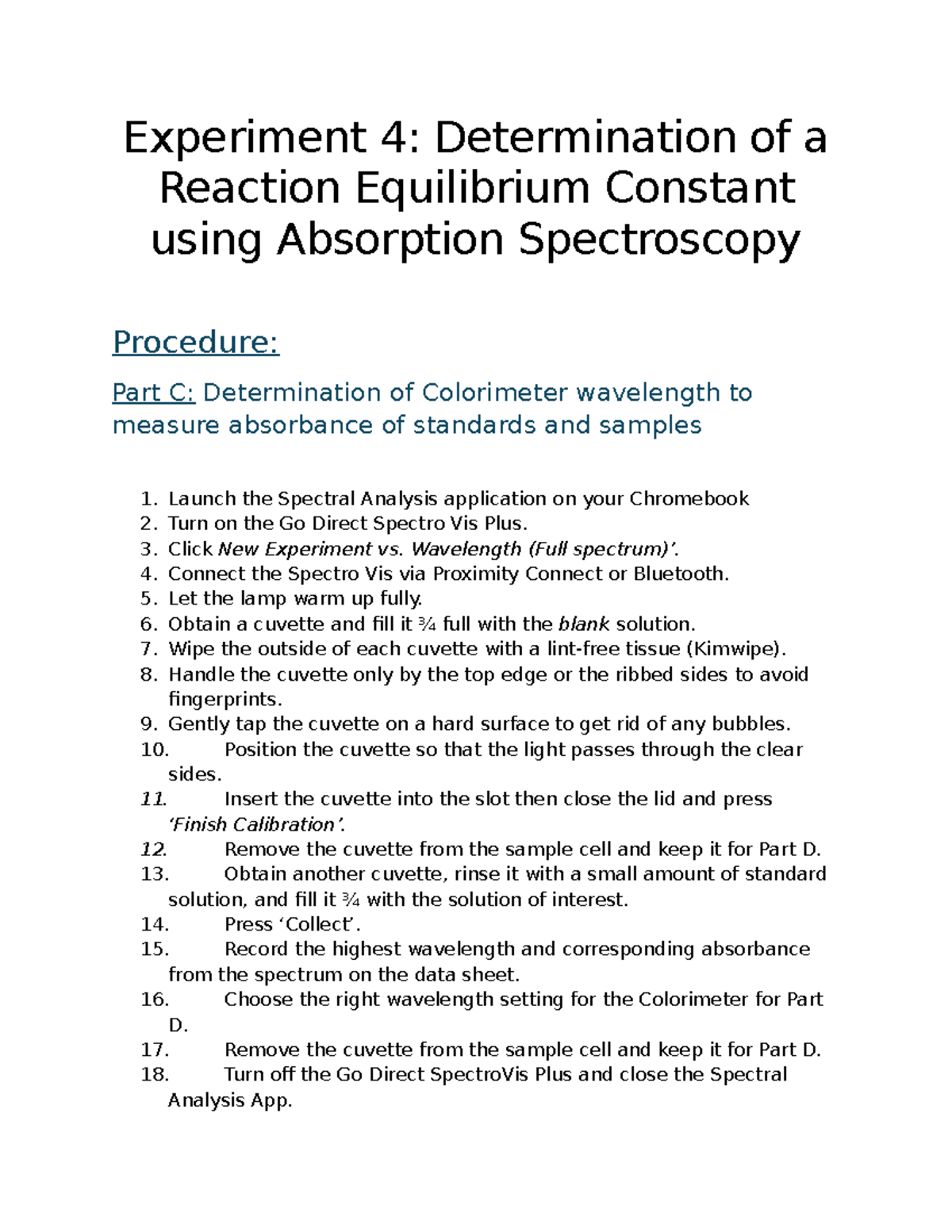 Experiment 4: Pre-lab procedure for determining reaction equilibrium ...