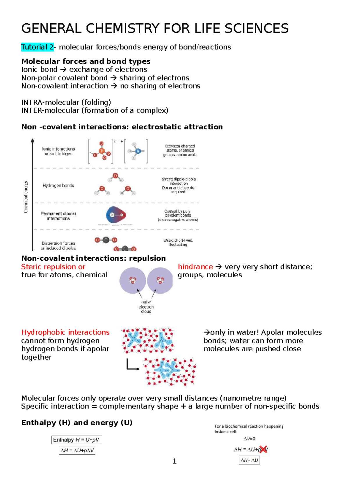 GENERAL CHEMISTRY FOR LIFE SCIENCES: Tutorials on Molecular Forces and ...