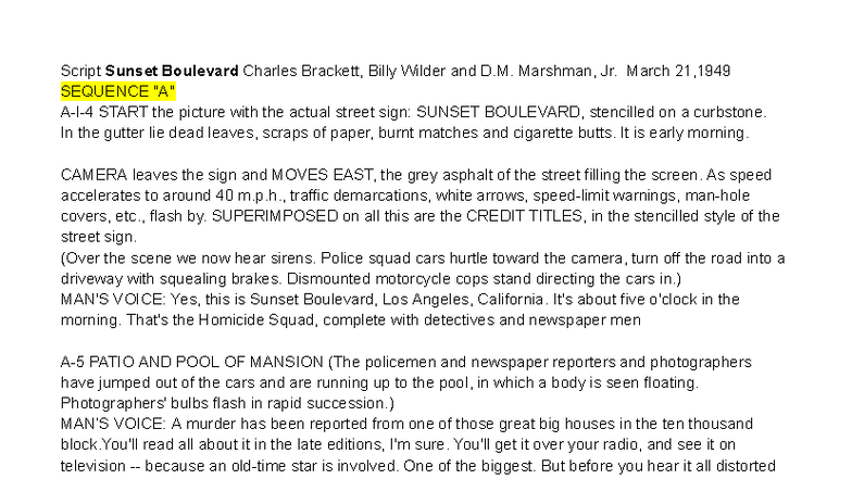Sunset Boulevard Screenplay Analysis - ENG 205 Script Study - Studocu