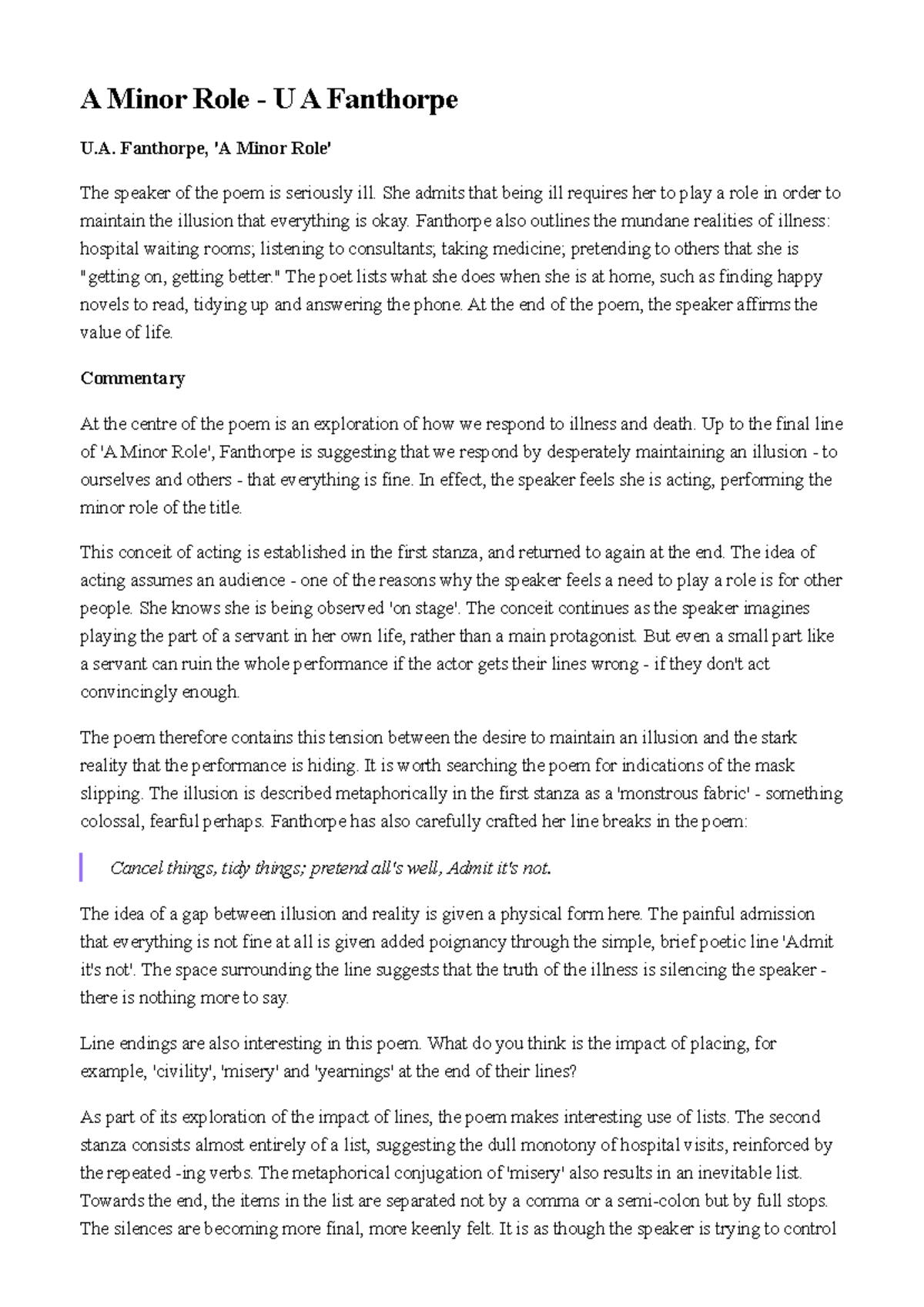 A Minor Role Analysis - U.A. Fanthorpe Essay Notes - Studocu