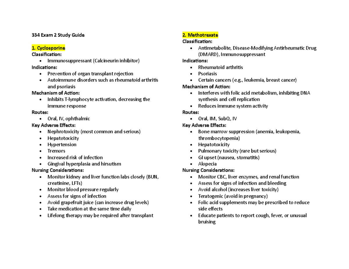 334 Exam 2 Study Guide: Key Immunosuppressants and Nursing ...