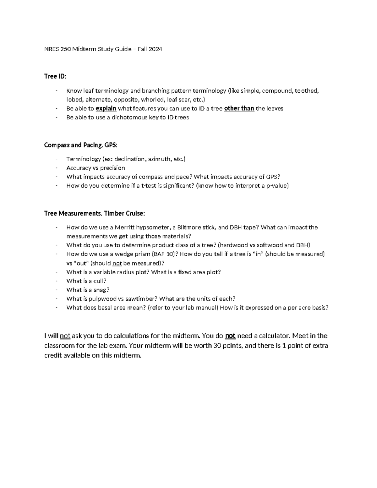 NRES 250 Midterm Study Guide - Fall 2024: Key Topics and Concepts ...