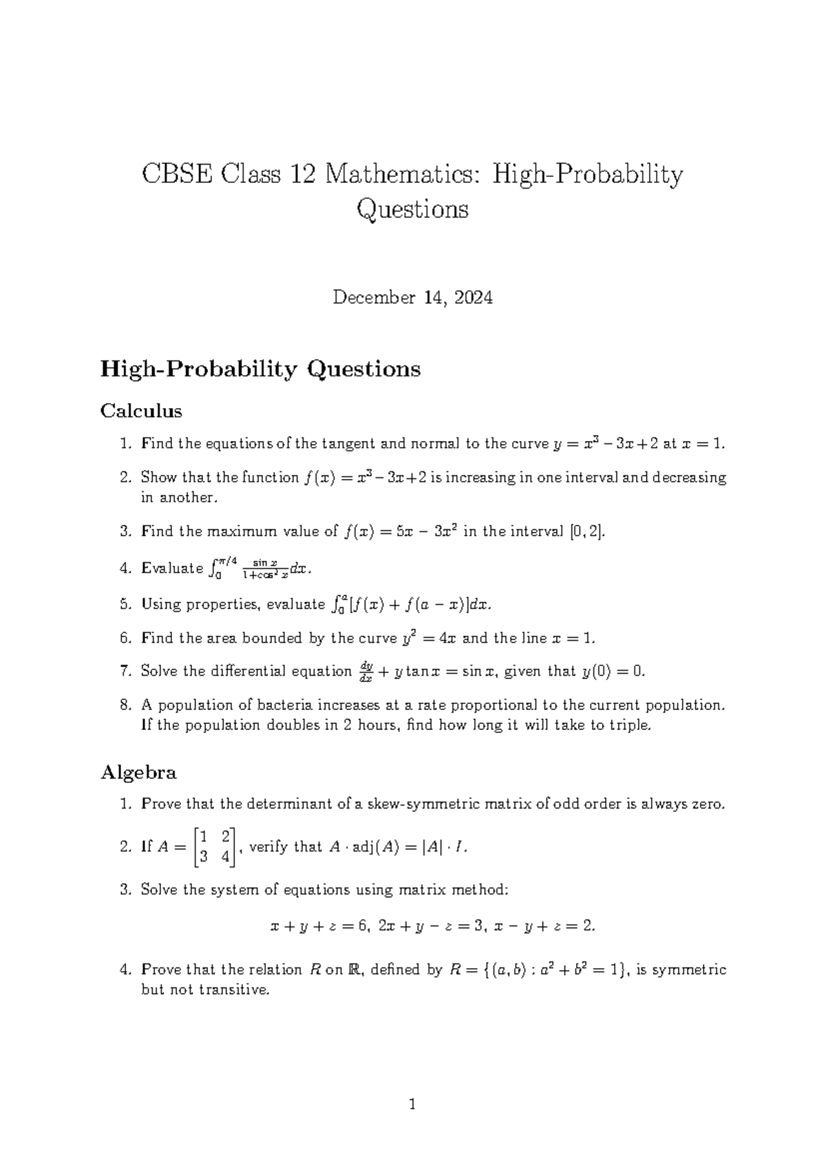 Maths practice questions - CBSE Class 12 Mathematics: High-Probability ...