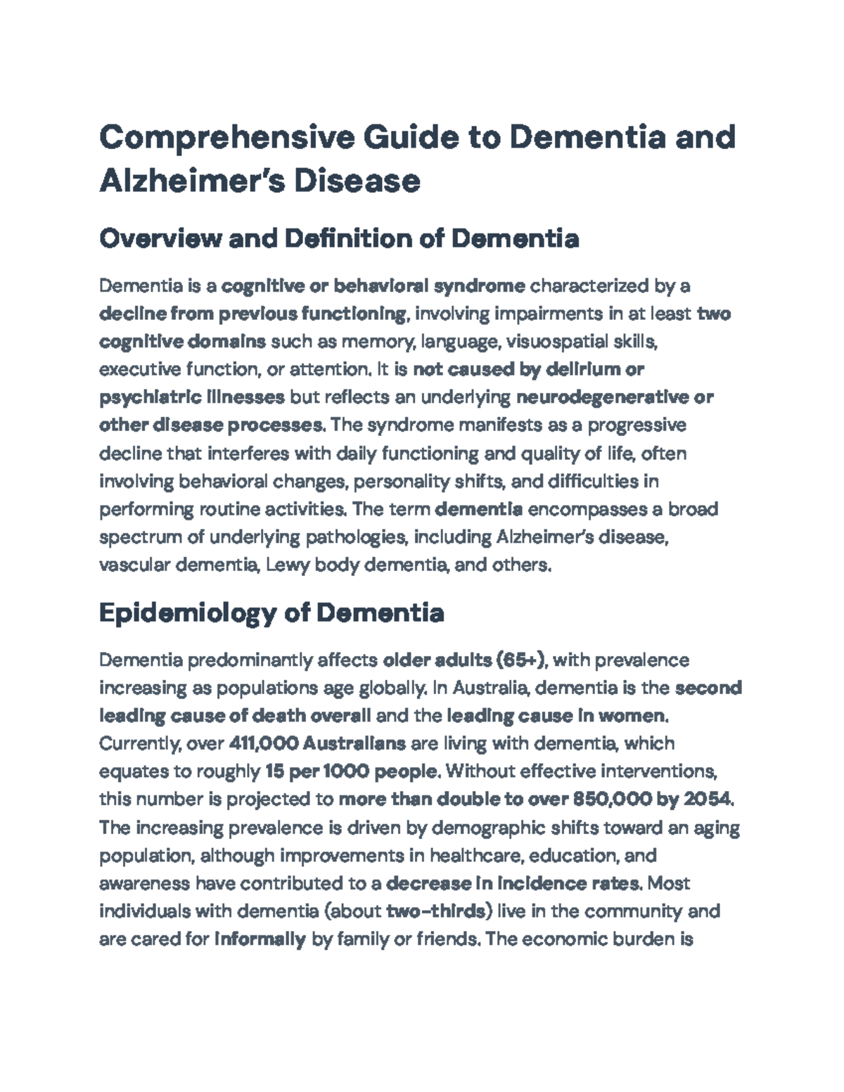 Comprehensive Overview of Dementia and Alzheimer's Disease (AD) - Studocu