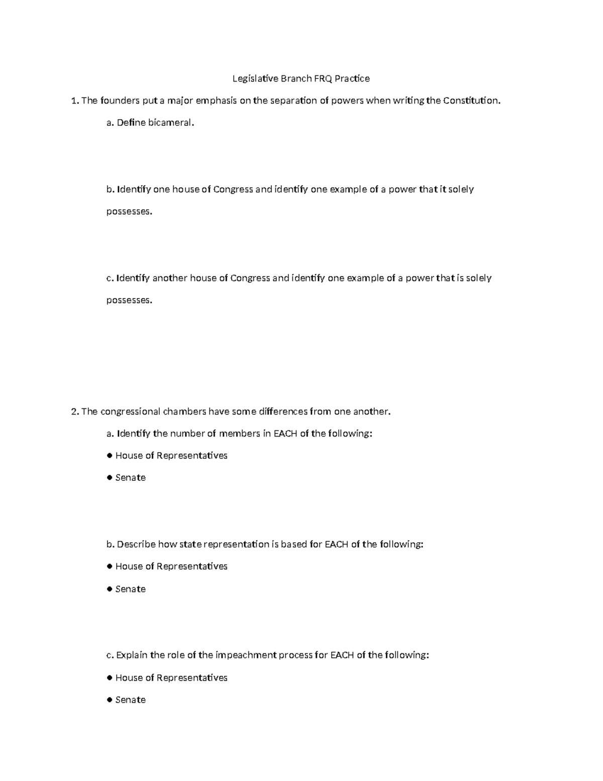 AP Gov Legislative Branch FRQ Practice Questions - Studocu